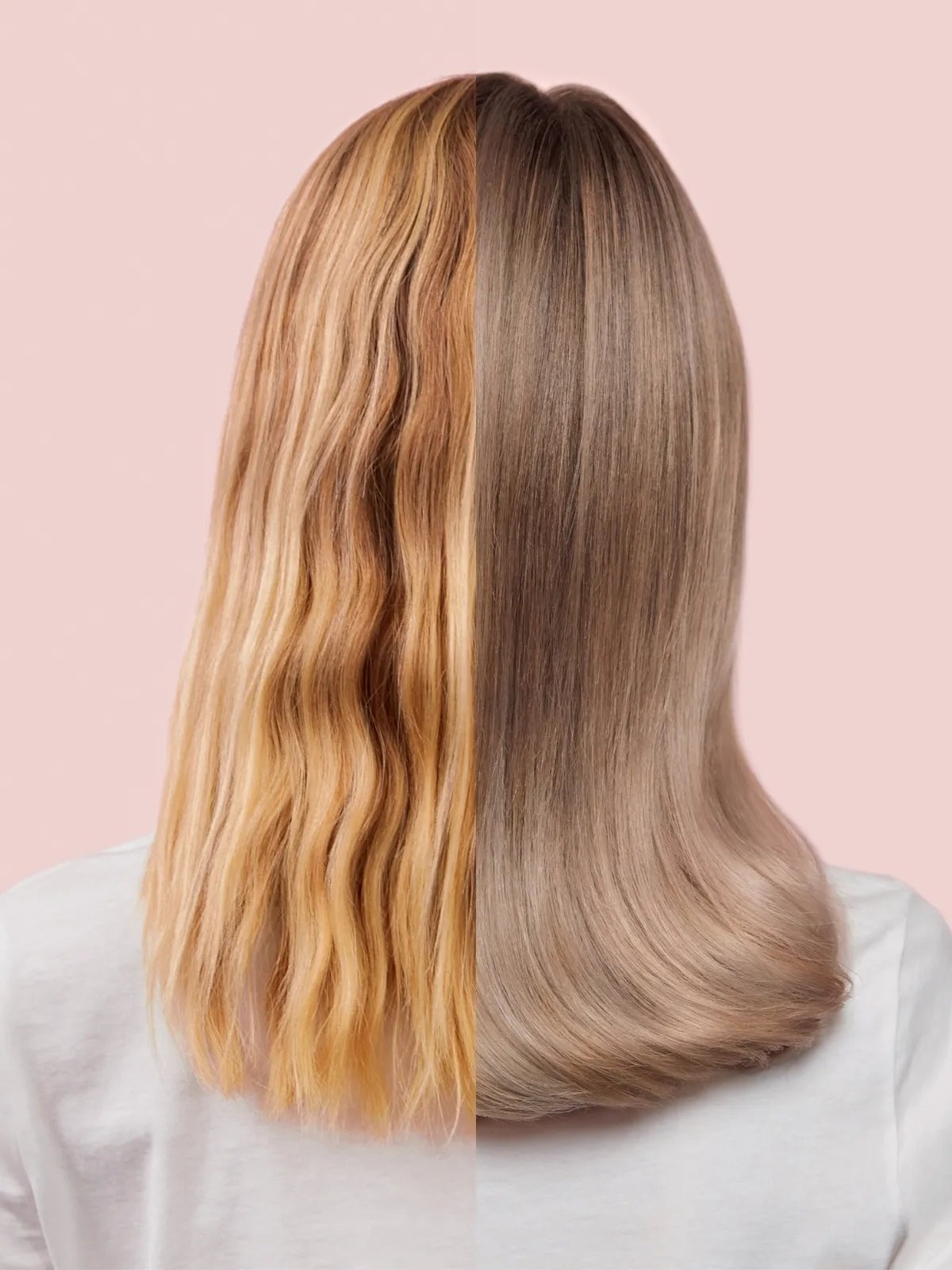 Before and after showing model’s brassy, yellow blonde hair appearing ashy and cool after a SHINEFINITY Acidic Color Glaze.