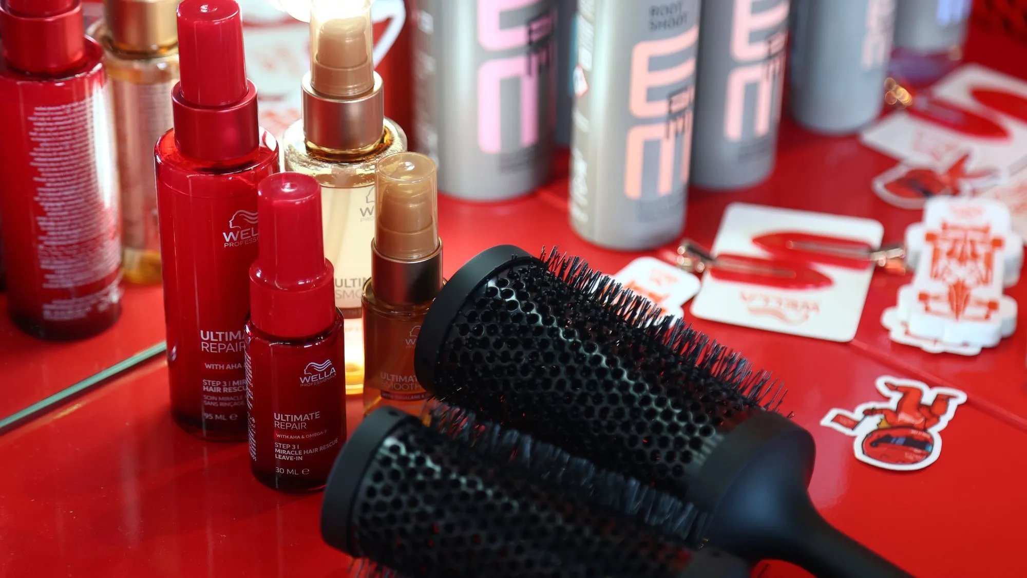 Wella Professionals styling products laid out in the Paddock Club.
