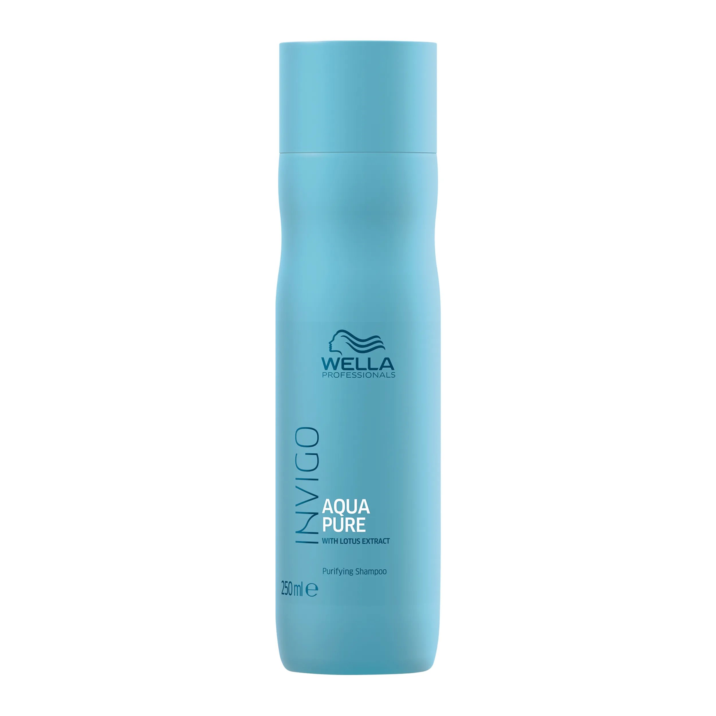 Pack shot of Invigo Balance Aqua Pure Shampoo. Blue bottle with EIMI logo

