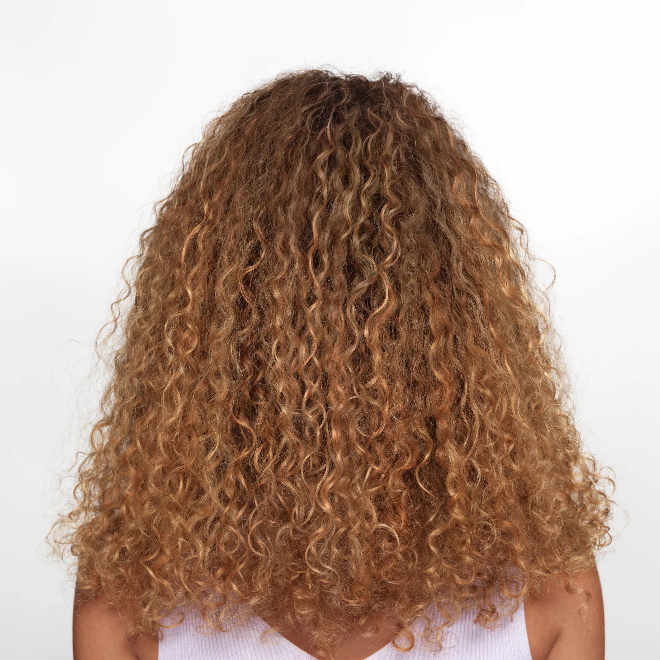 Image of the back of a model's head against a white background. Hair is short, red and slightly frizzy. 	