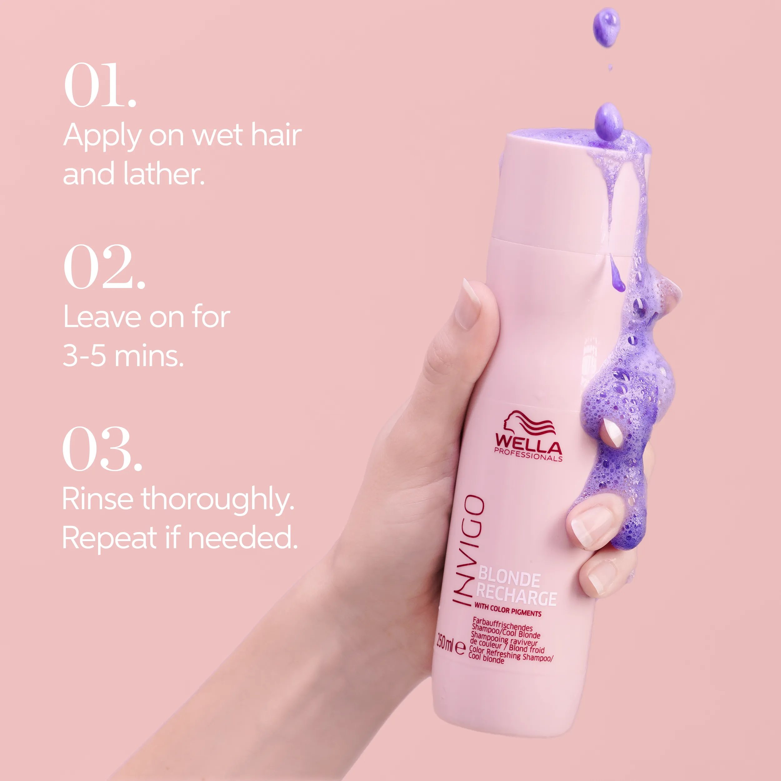 Text detailing how to use Invigo blonde recharge in 3 steps: text says '01, apply to wet hair and lather. 02, leave on for 3-5 mins. 03, rinse thoroughly, repeat if needed.