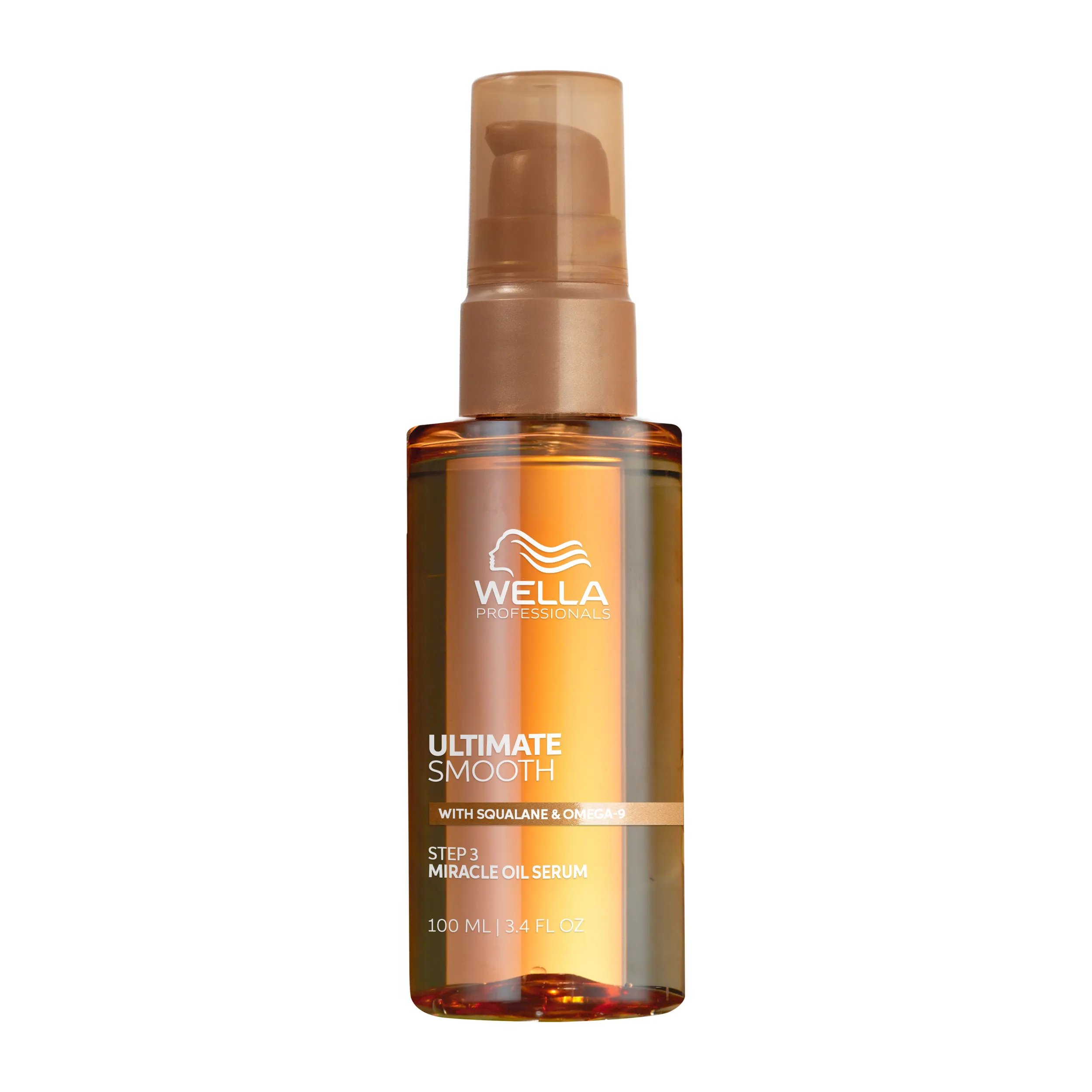 Eine goldene Flasche Ultimate Smooth Miracle Oil Serum für stumpfes, trockenes und sprödes Haar von Wella Professionals