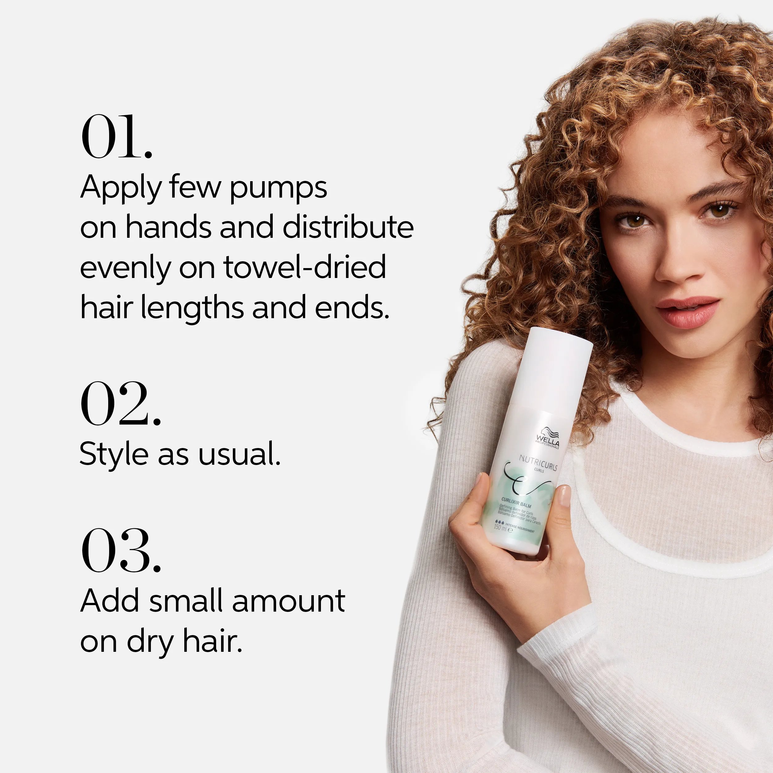 Image showing a model with defined curls holding Wella Professionals NutriCurls Curlixir Balm with steps for application to towel-dried or dry hair, and styling instructions.