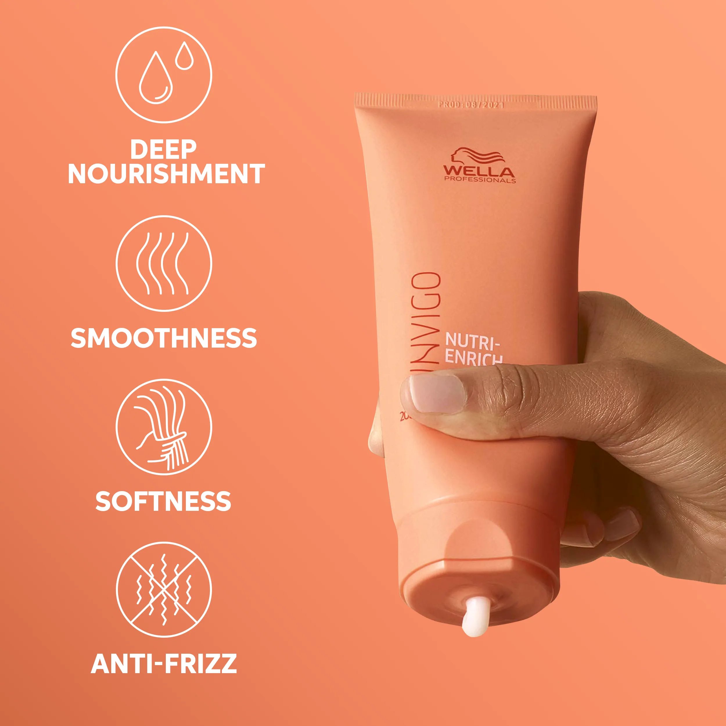 Hand holding a tube of Wella Professionals Invigo Nutri-Enrich product, with icons illustrating deep nourishment, smoothness, softness, and anti-frizz benefits.