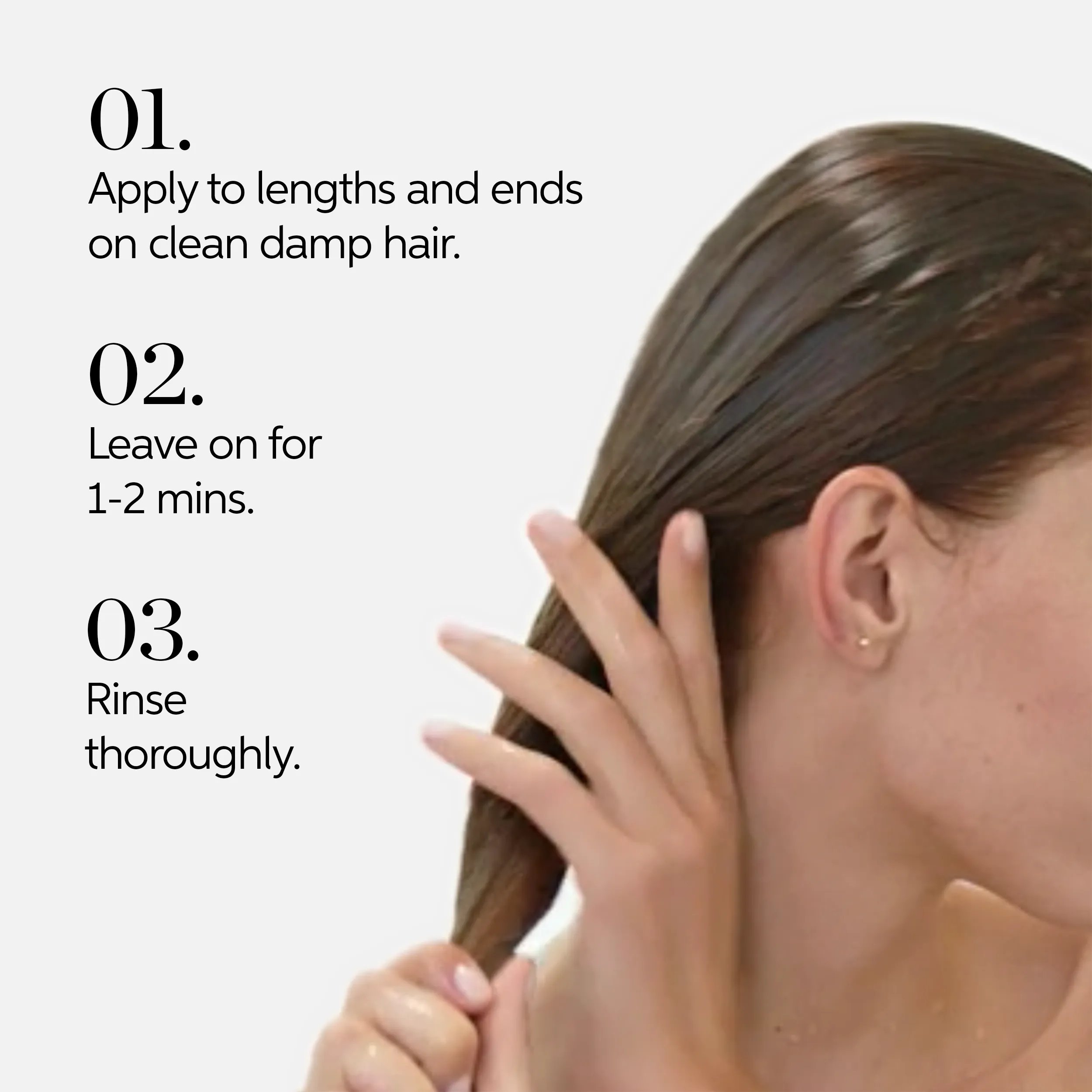 Image displaying a woman washing her hair with numbered instructions: apply to wet hair, massage and lather, rinse and repeat.