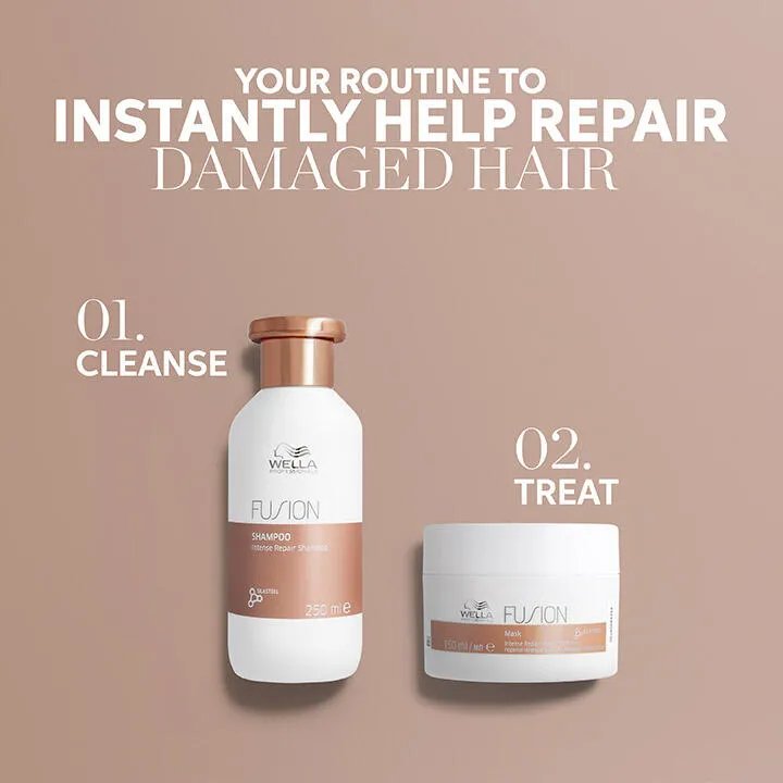 Text saying 'your regimen to instantly help repair damaged hair'. Packshots of the 3 Fusion products are included in 3 steps: step 1 - cleanse with Fusion shampoo. Step 2 - condition with Fusion conditioner. Step 3 - treat with Fusion hair mask.