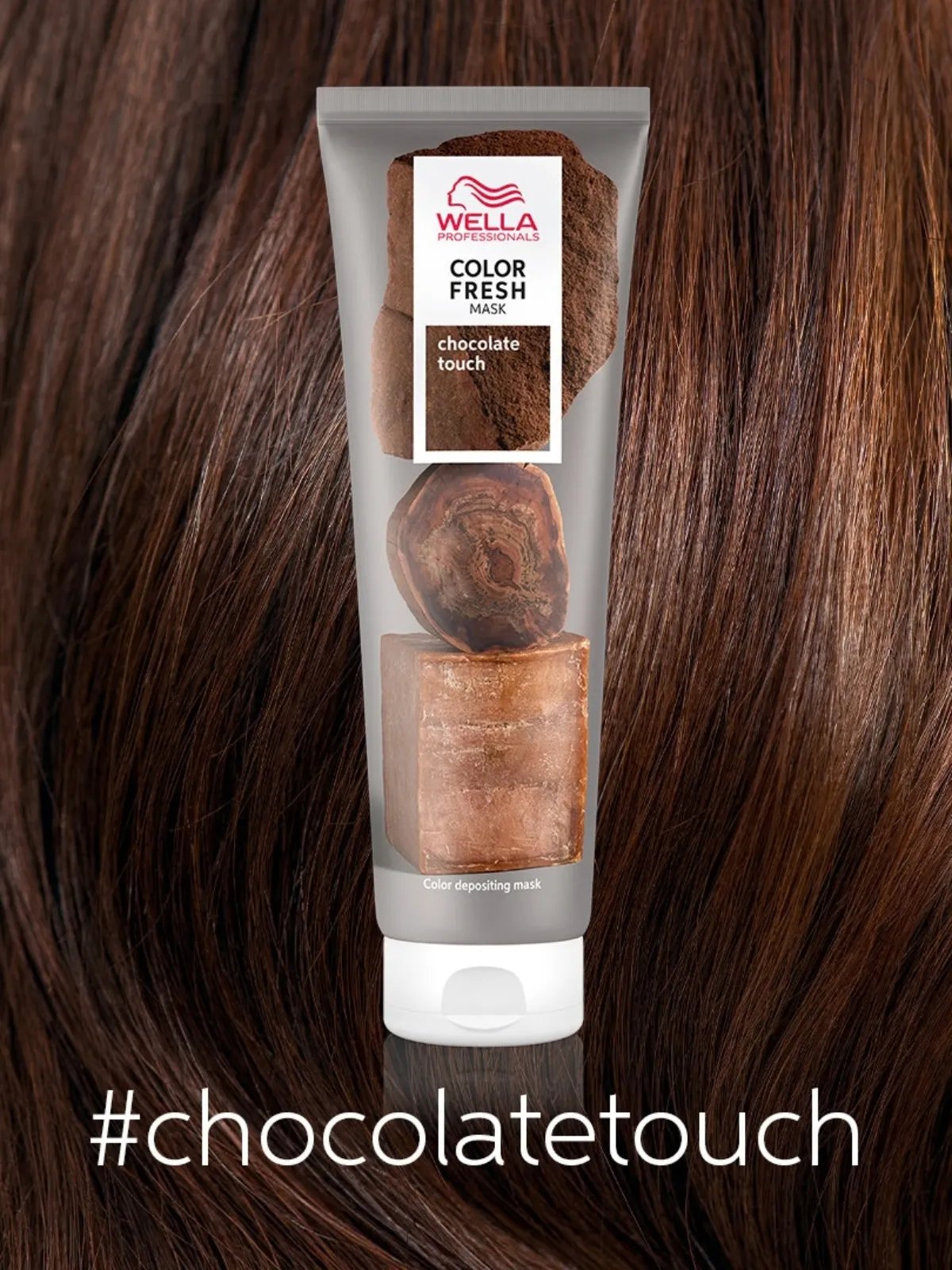 Color Fresh Mask in Chocolate Touch in front of rich, chocolate brown hair.