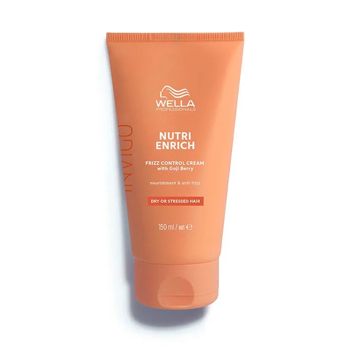 Packshot of Wella Professionals Invigo Nutri-Enrich Frizz Control Cream - a peachy orange tube with white and red font and a red Wella logo.