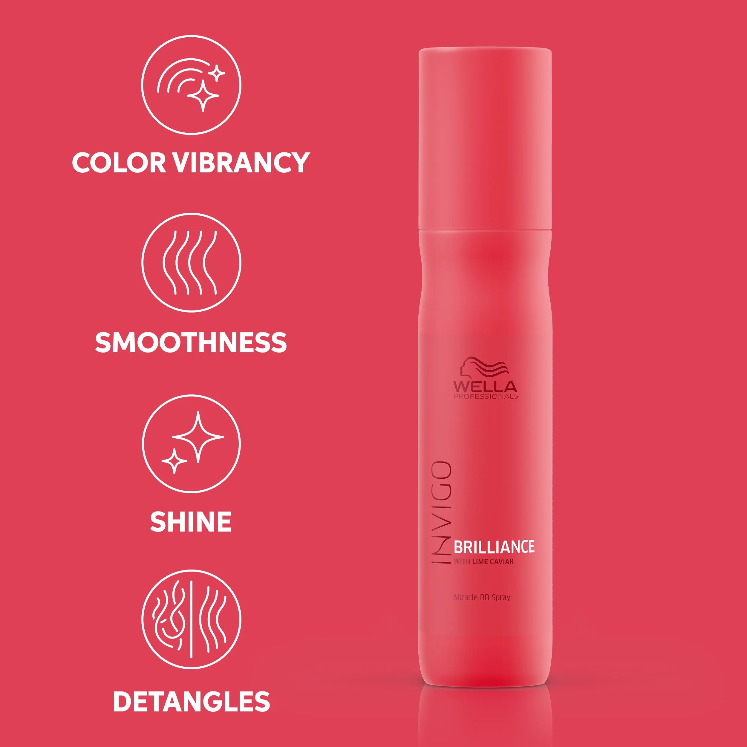 Packshot of the red Invigo Brilliance leave-in spray bottle, beside text which says 'color vibrancy, smoothness, shine & detangles'.