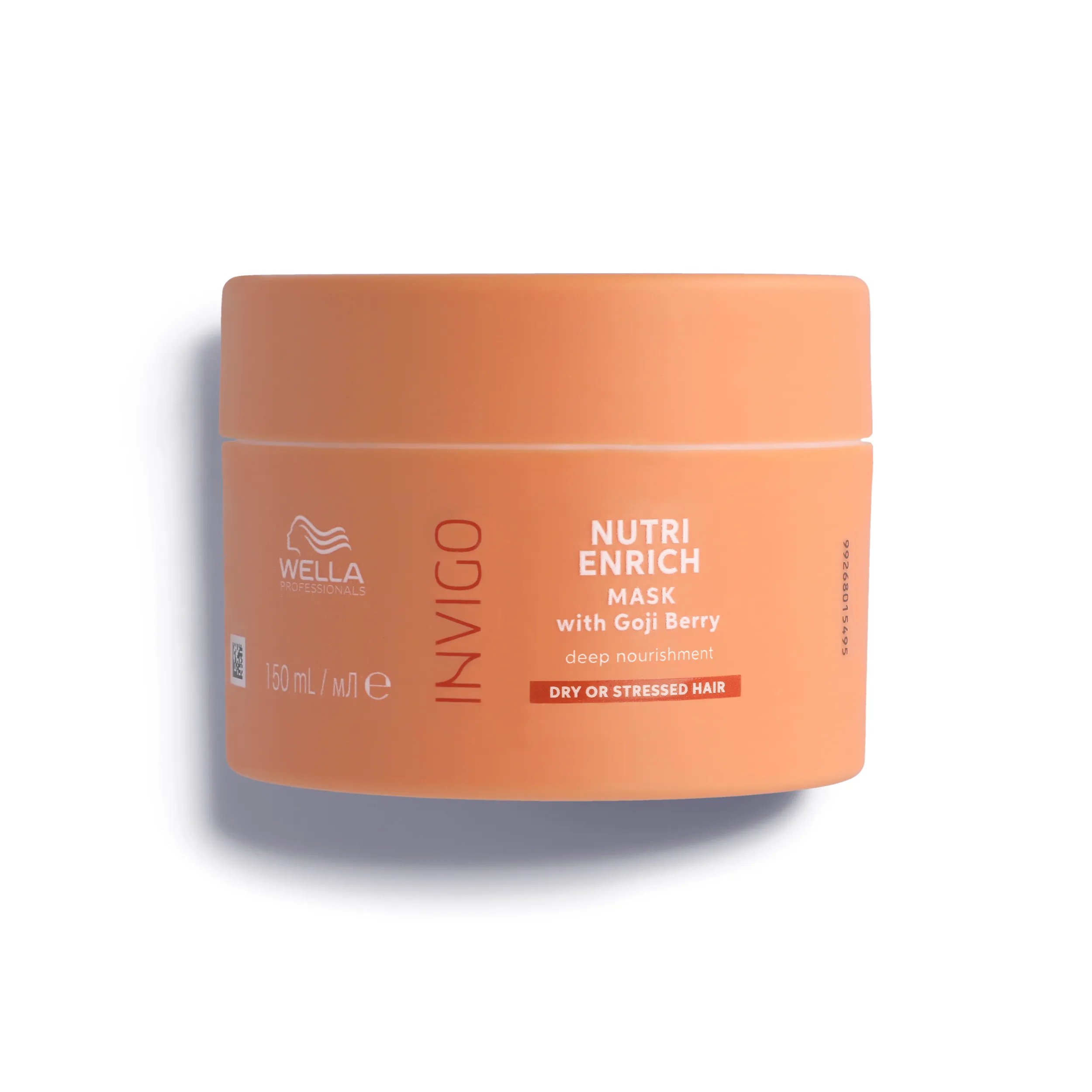 Packshot di Wella Professionals Invigo Nutri-Enrich Deep Nourishing Mask - un barattolo arancio pesca con font bianchi e rossi e un logo Wella rosso.