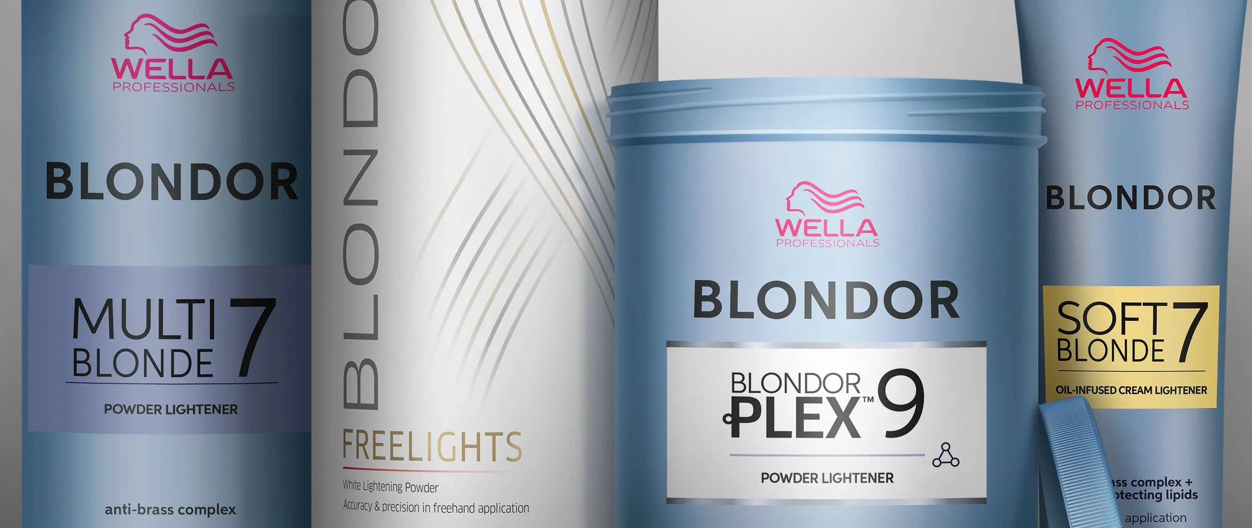 Wella Blondor hair lightening products in blue and white packaging.