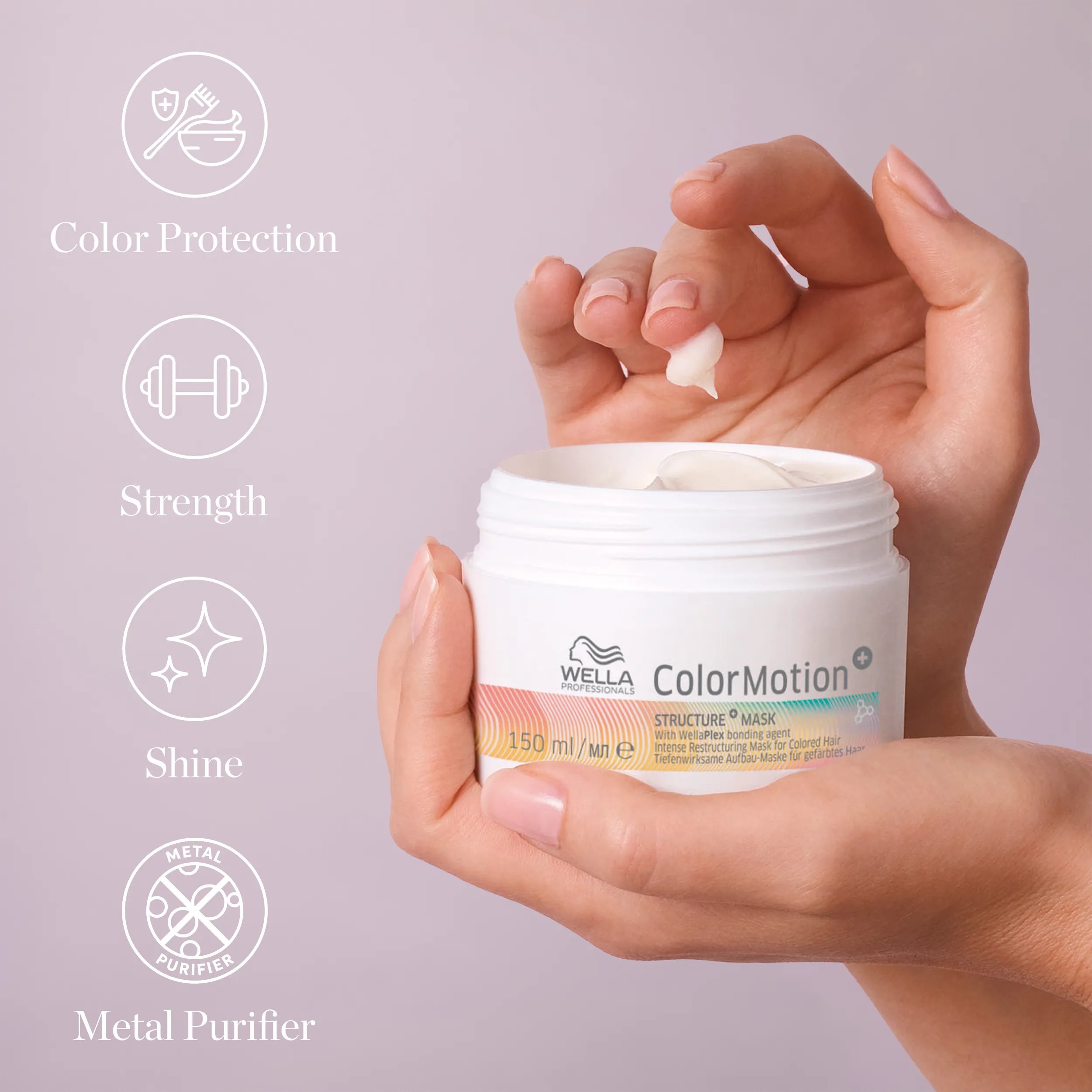 Packshot of a hand holding Wella ColorMotion+ structure mask beside text saying 'color protection, strength, shine and metal purifier'.