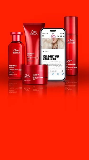 Portrait of a woman with long blonde hair partially obscuring her face, against a red background.