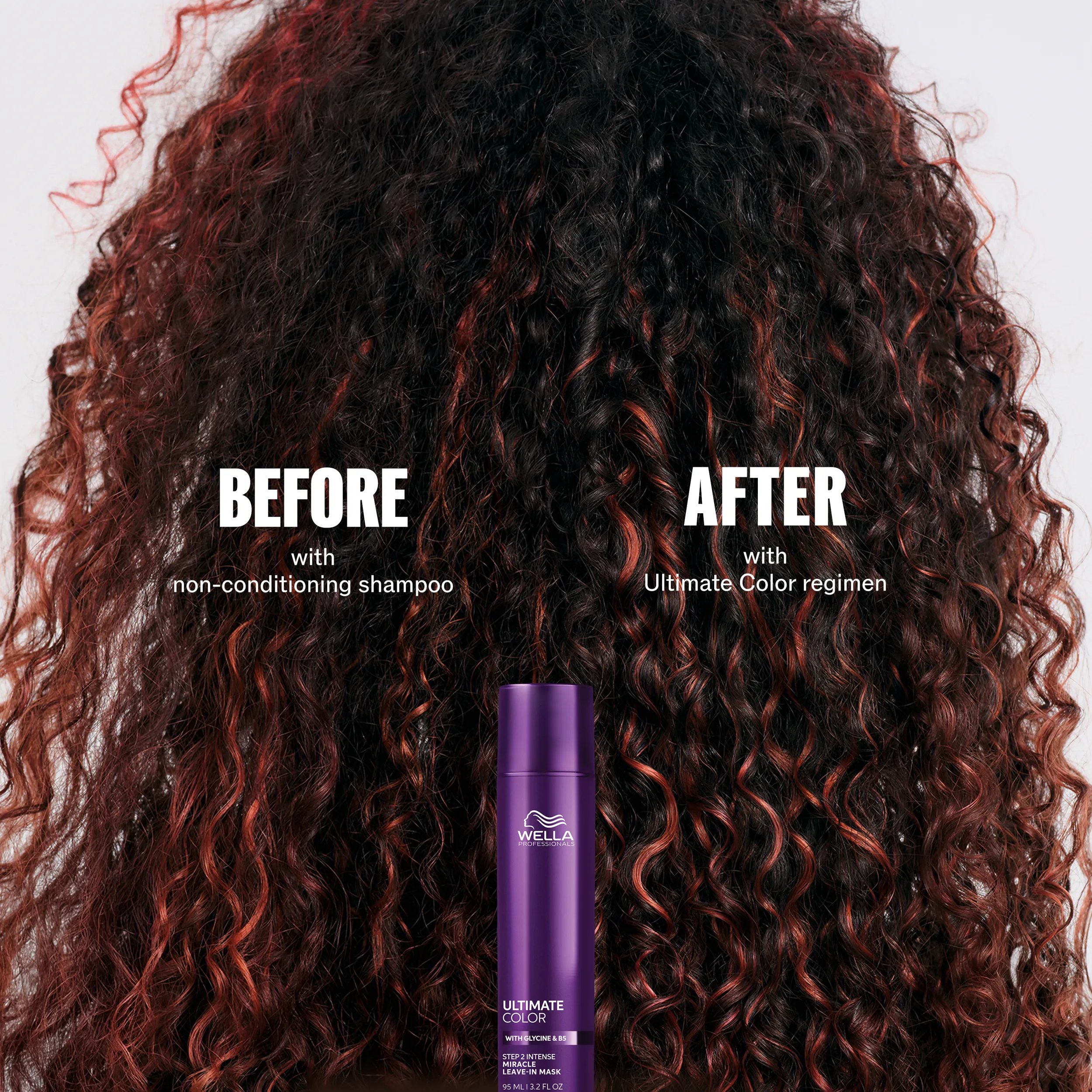 Comparison image of a model with brunette curly hair and red highlights before and after using Ultimate Color range. Text overlay on the left reads "Before with non-conditioning shampoo" and on the right reads "After with Ultimate Color regimen". Ultimate Color Miracle Leave-in 