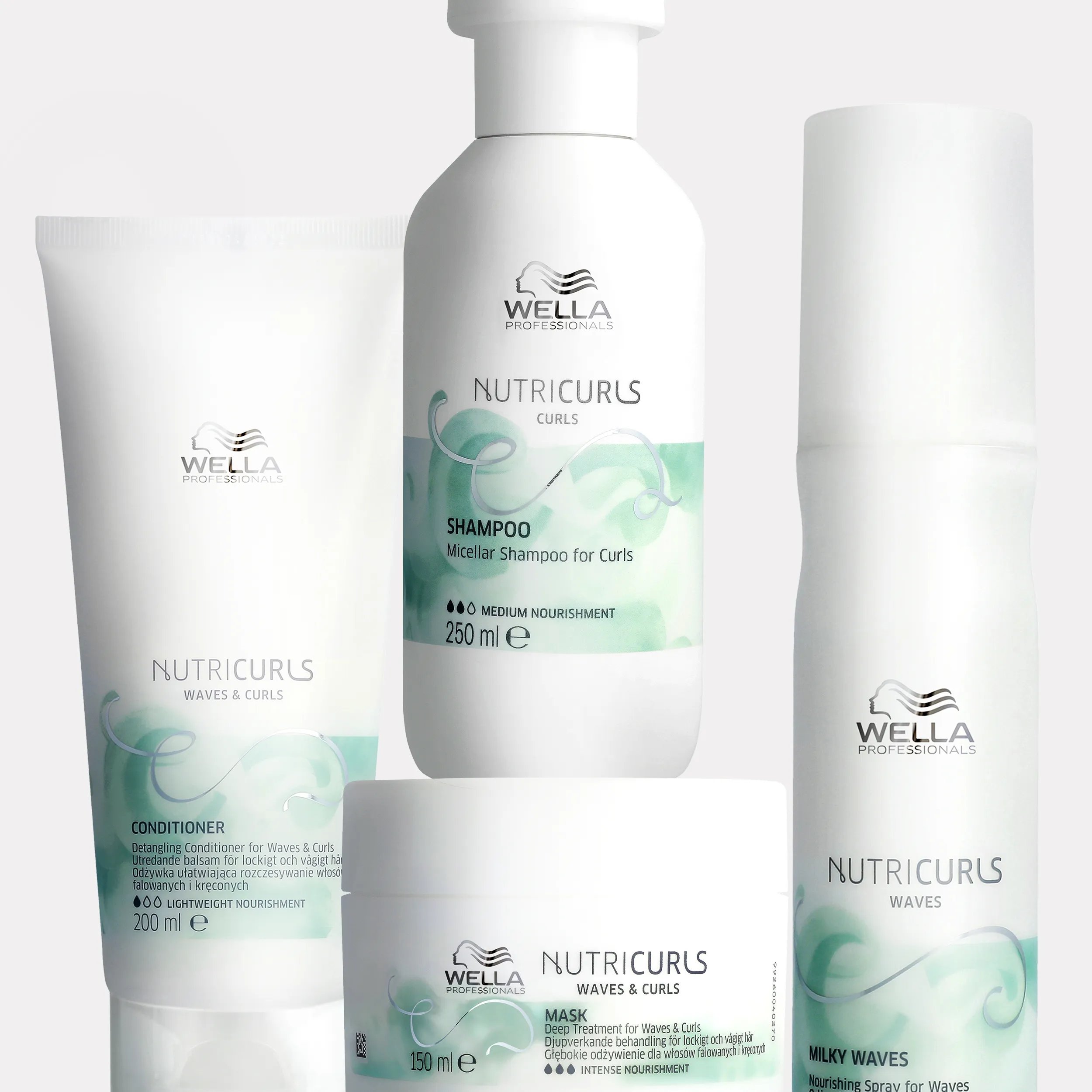 Wella NutriCurls shampoo, conditioner, mask, spray, and balm product shot.