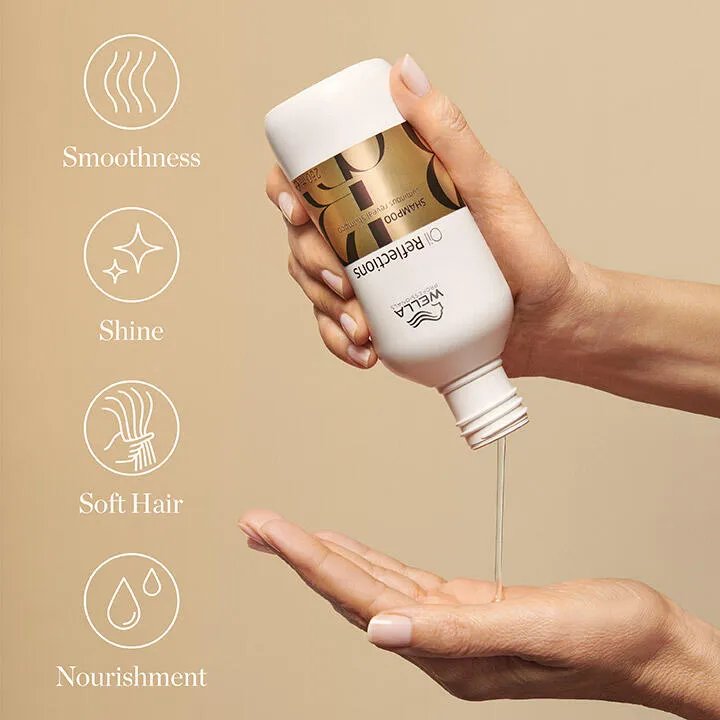 Packshot of Wella Professionals Oil Reflections Luminos Reveal Shampoo. Text reads smoothness, shine, soft hair, nourishment. 
