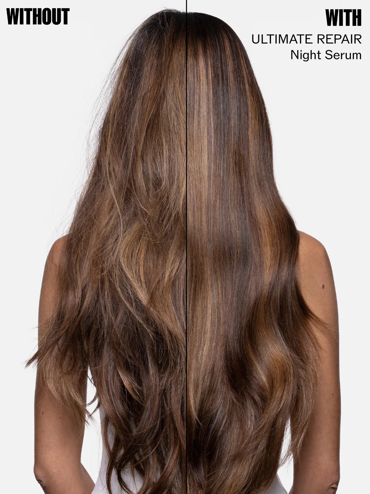 Before and after showing model’s dark brown, frizzy hair looking smoother after using ULTIMATE REPAIR Night Serum.