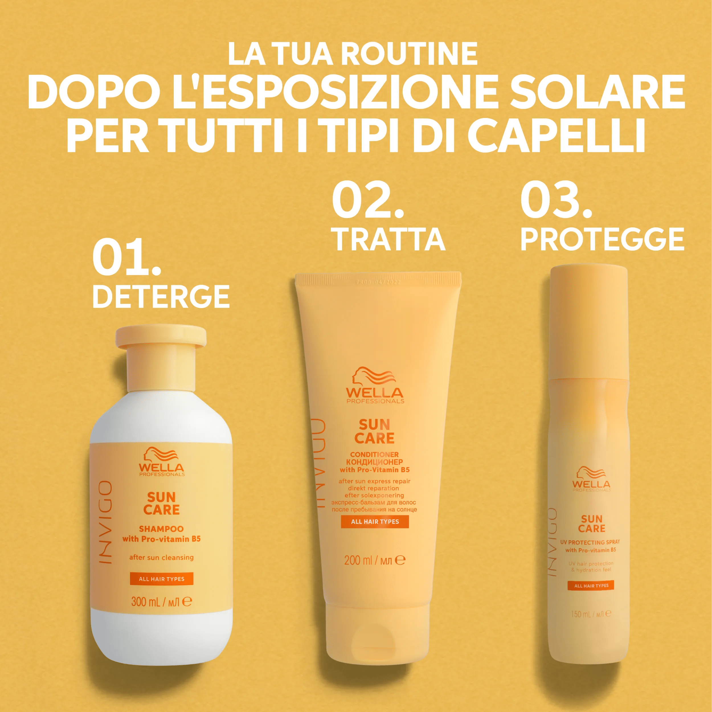 Testo che recita “La tua routine per la cura post-sole per tutti i tipi di capelli”. Sono incluse immagini dei 3 prodotti solari Invigo in 3 fasi: fase 1 - pulizia. Fase 2 - trattamento. Fase 3 - protezione.