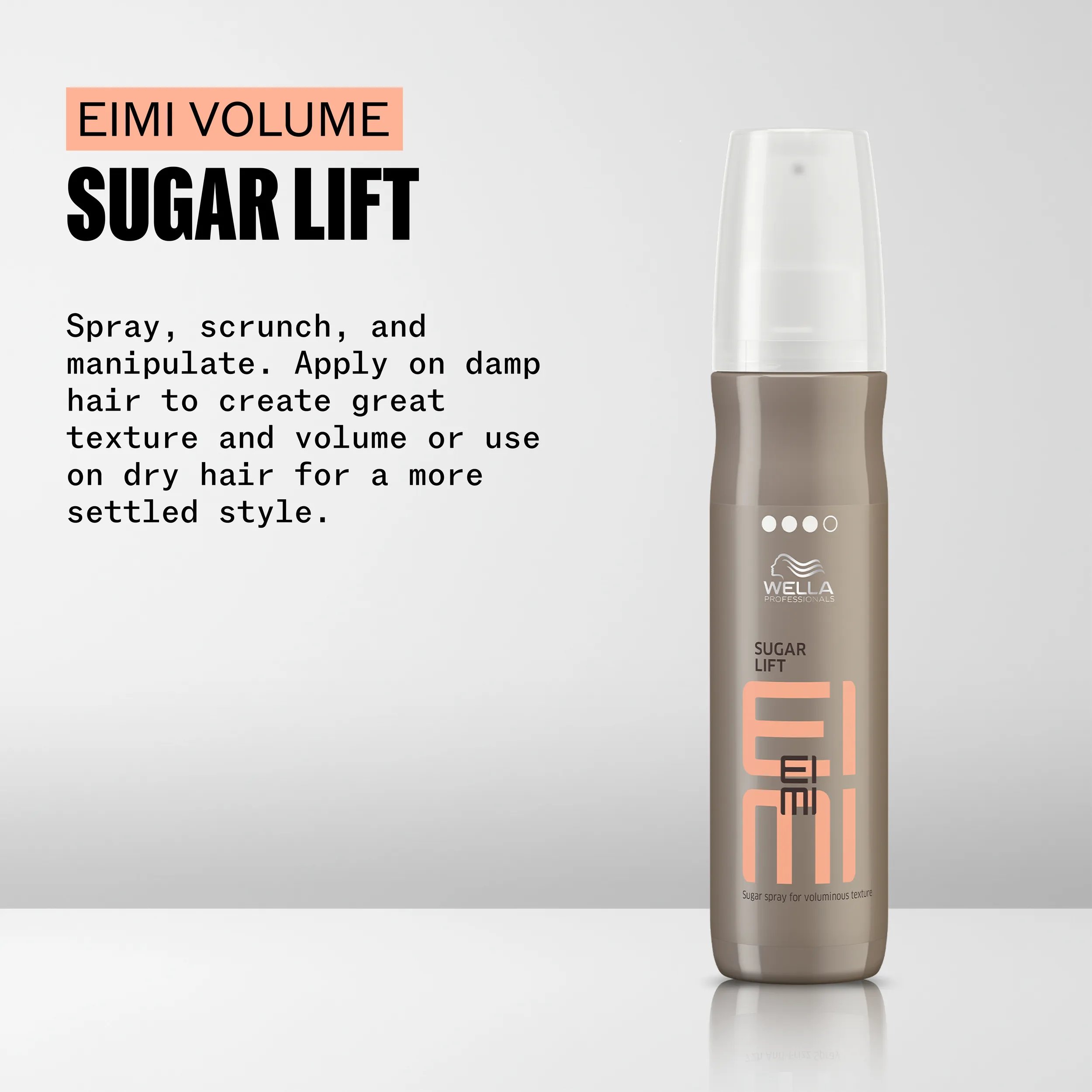 Image of Wella EIMI Sugar Lift styling spray bottle with text instructions.
