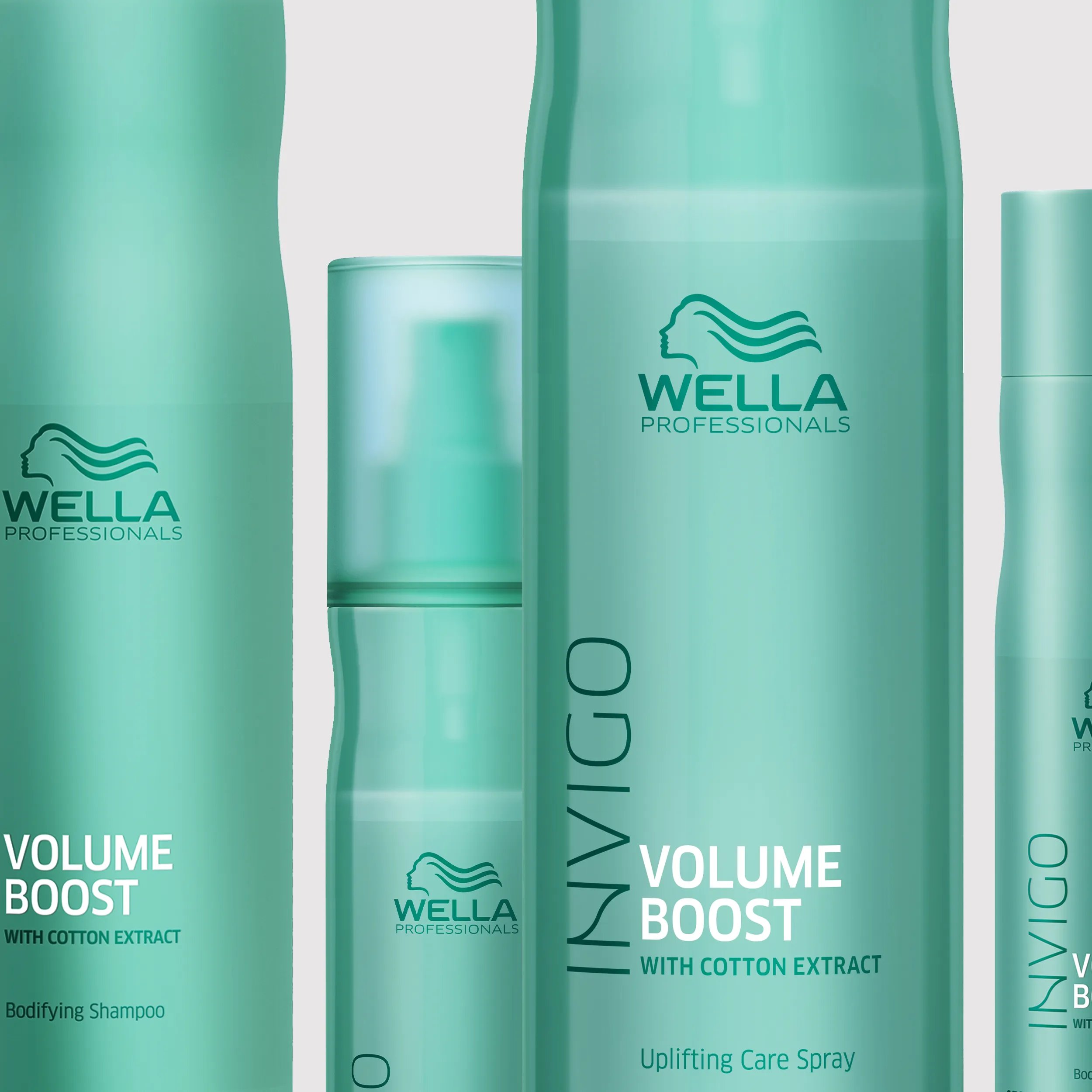 Wella Invigo Volume Boost shampoo and spray product shot.