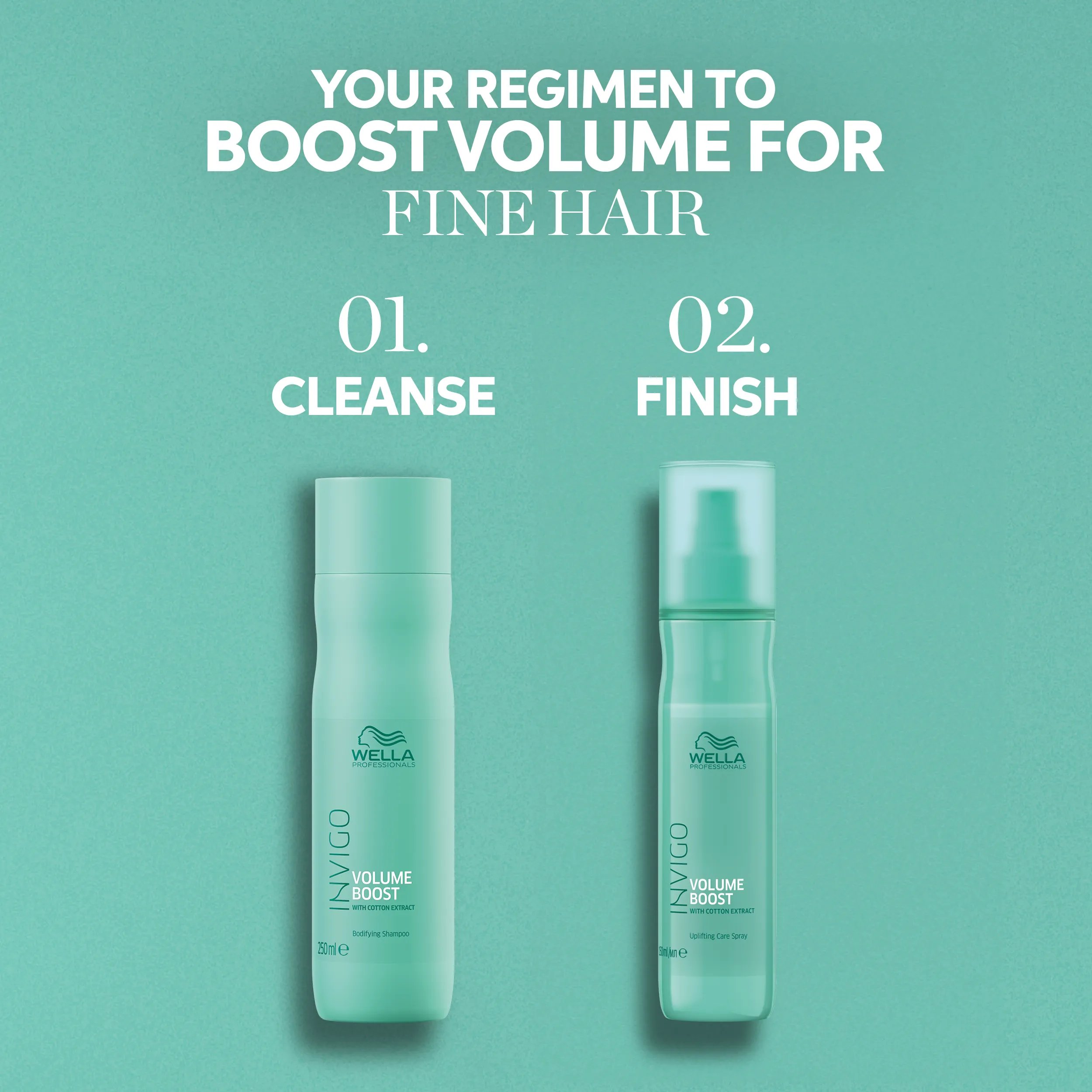 "Your Regimen to Boost Volume for Fine Hair" illustrated with Wella Invigo Volume Boost products for cleansing and finishing.