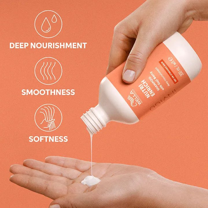 Image of a Wella Professionals Invigo Nutri-Enrich Deep Nourishing Shampoo bottle with text and icons highlighting deep nourishment, smoothness, and softness
