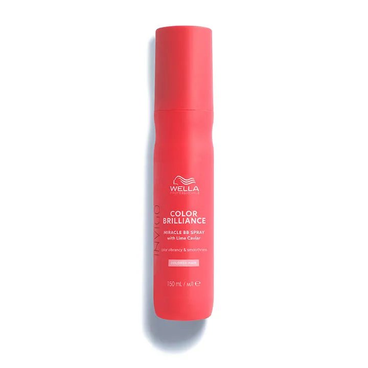Packshot of Wella Professionals Invigo Brilliance Miracle BB Leave-in Spray - a red bottle with white font and a darker red Wella logo.