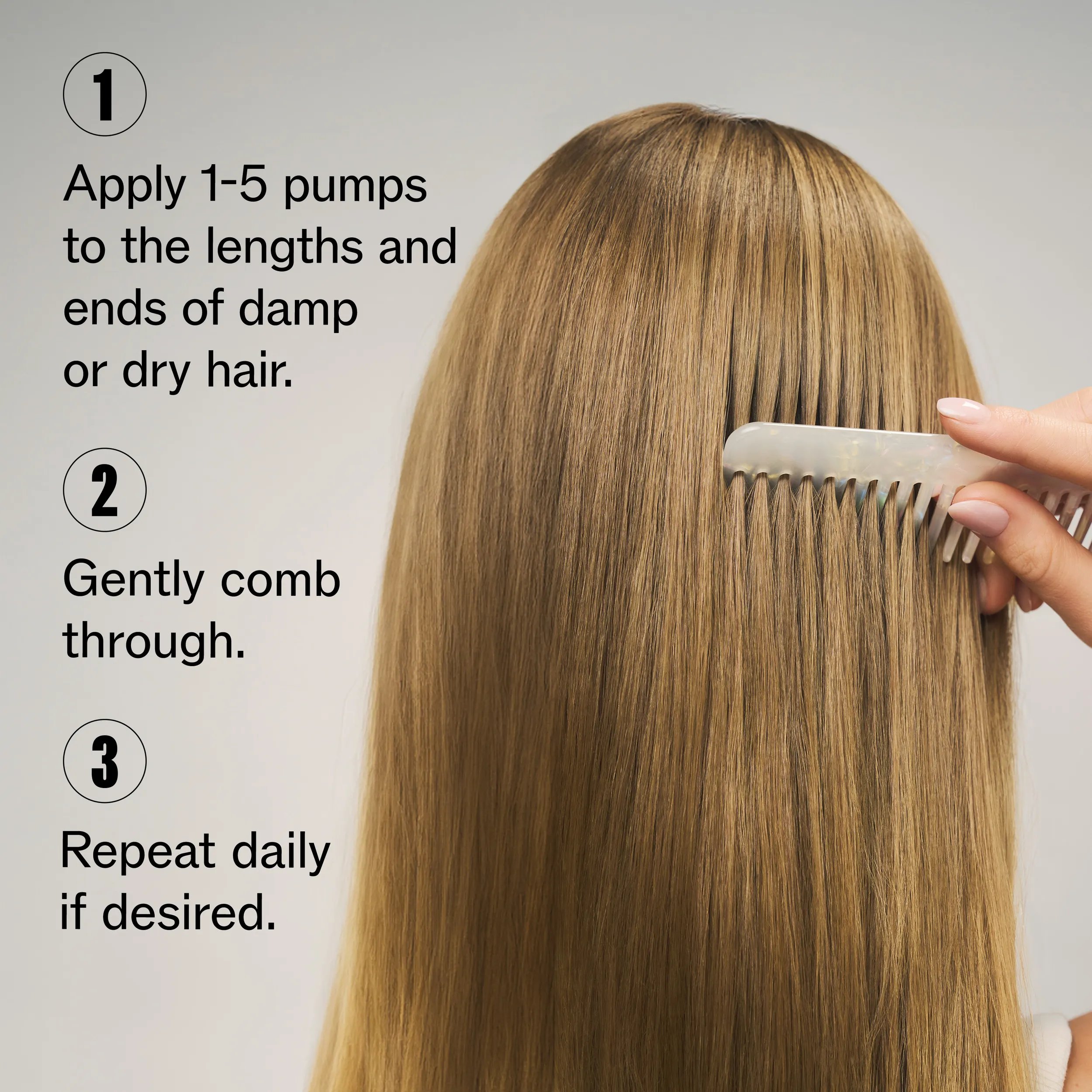 How‑to‑apply guide for Wella Professionals Ultimate Smooth Silky Milk, showing long, smooth hair being gently combed through, with on‑image instructions to apply 1–5 pumps to damp or dry lengths and ends, comb through evenly, and repeat daily if desired.