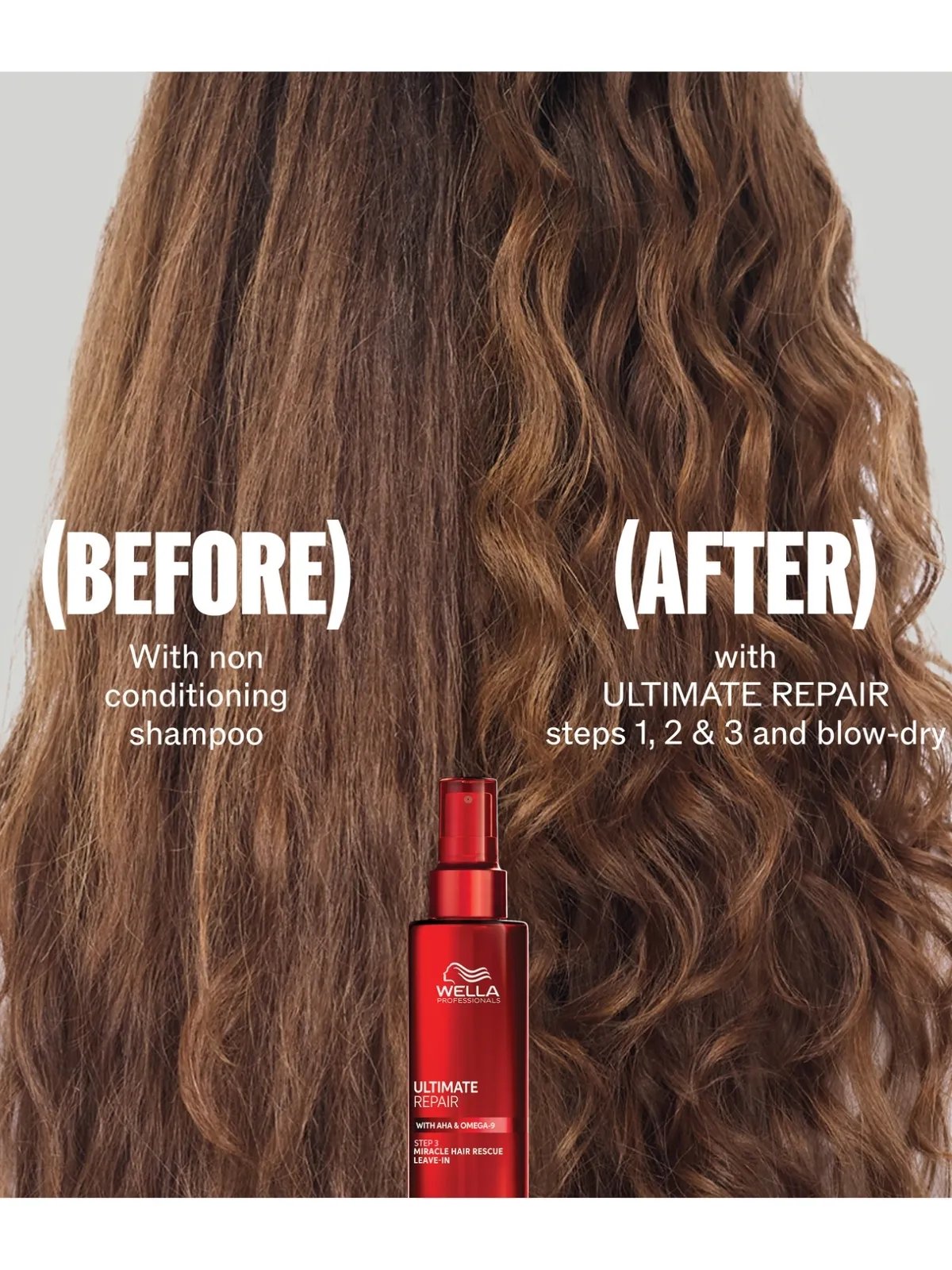 Before and after showing model’s brown, wavy hair looking glossier after using ULTIMATE REPAIR.