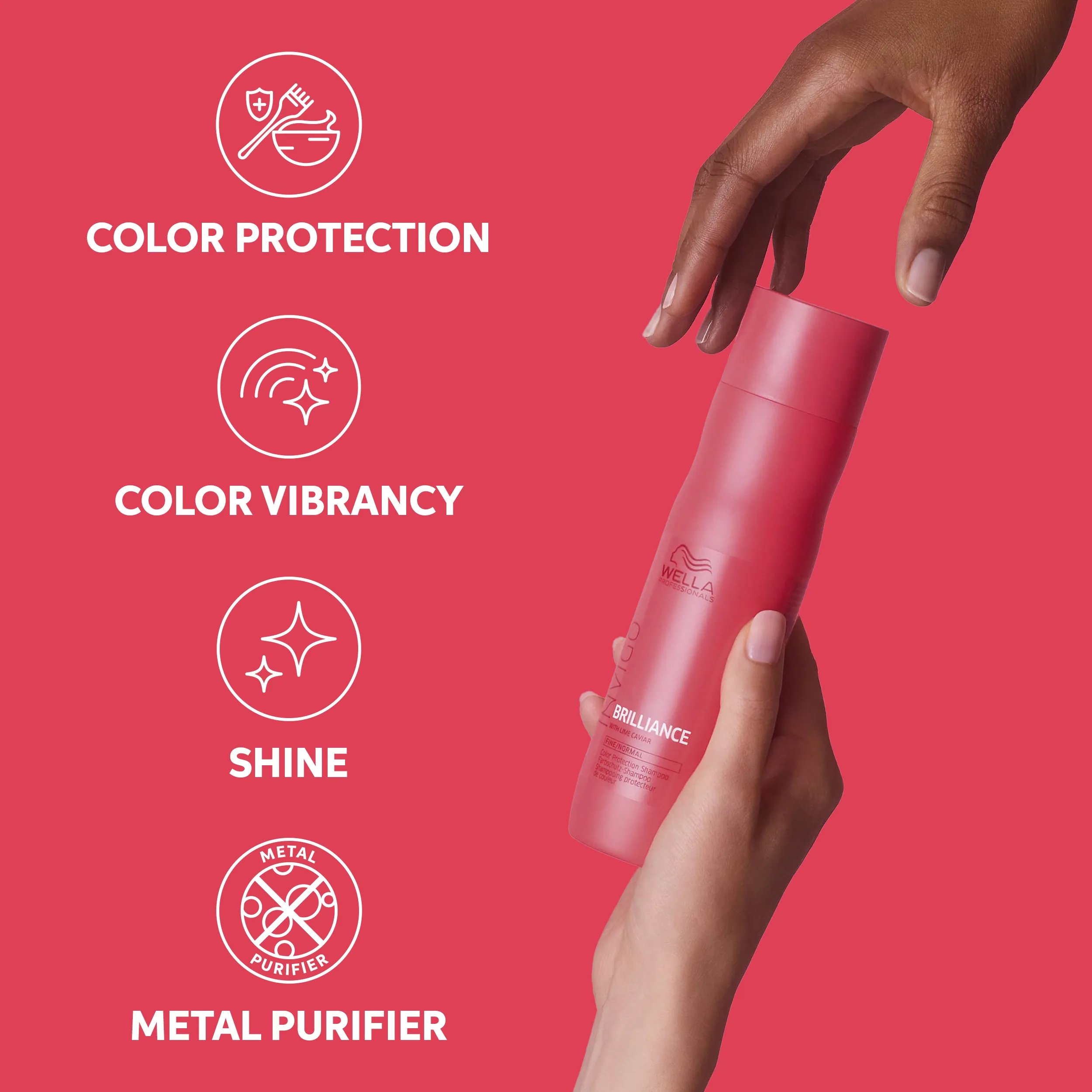 INVIGO Color Brilliance Color Protection Shampoo is passed from one model’s hand to another’s. 