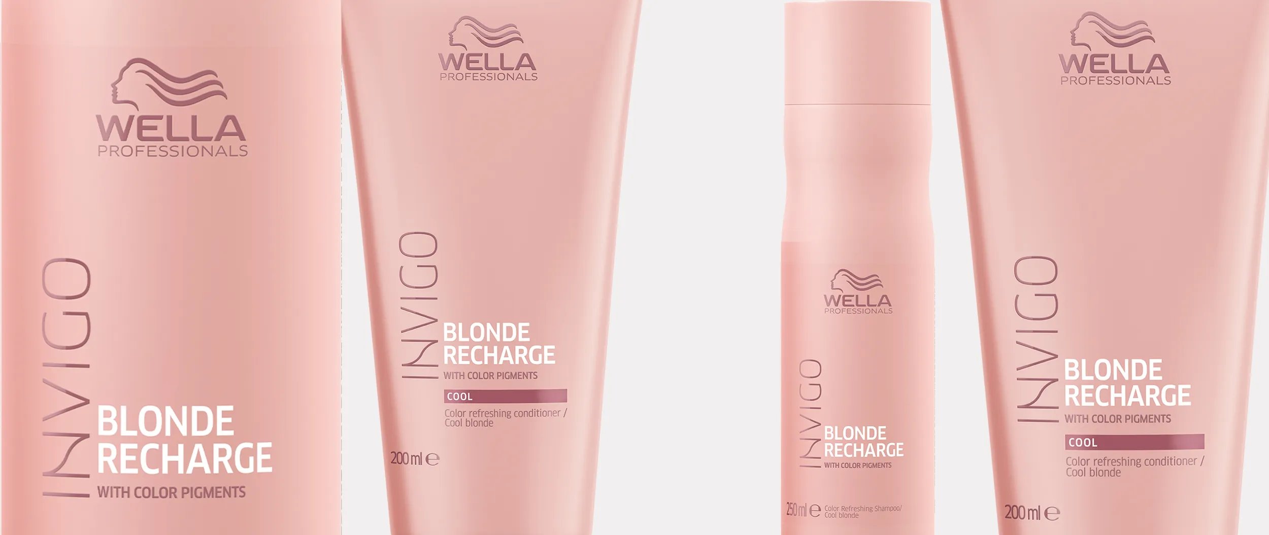 Image shows a collection of INVIGO Blonde Recharge shampoos and conditioners.