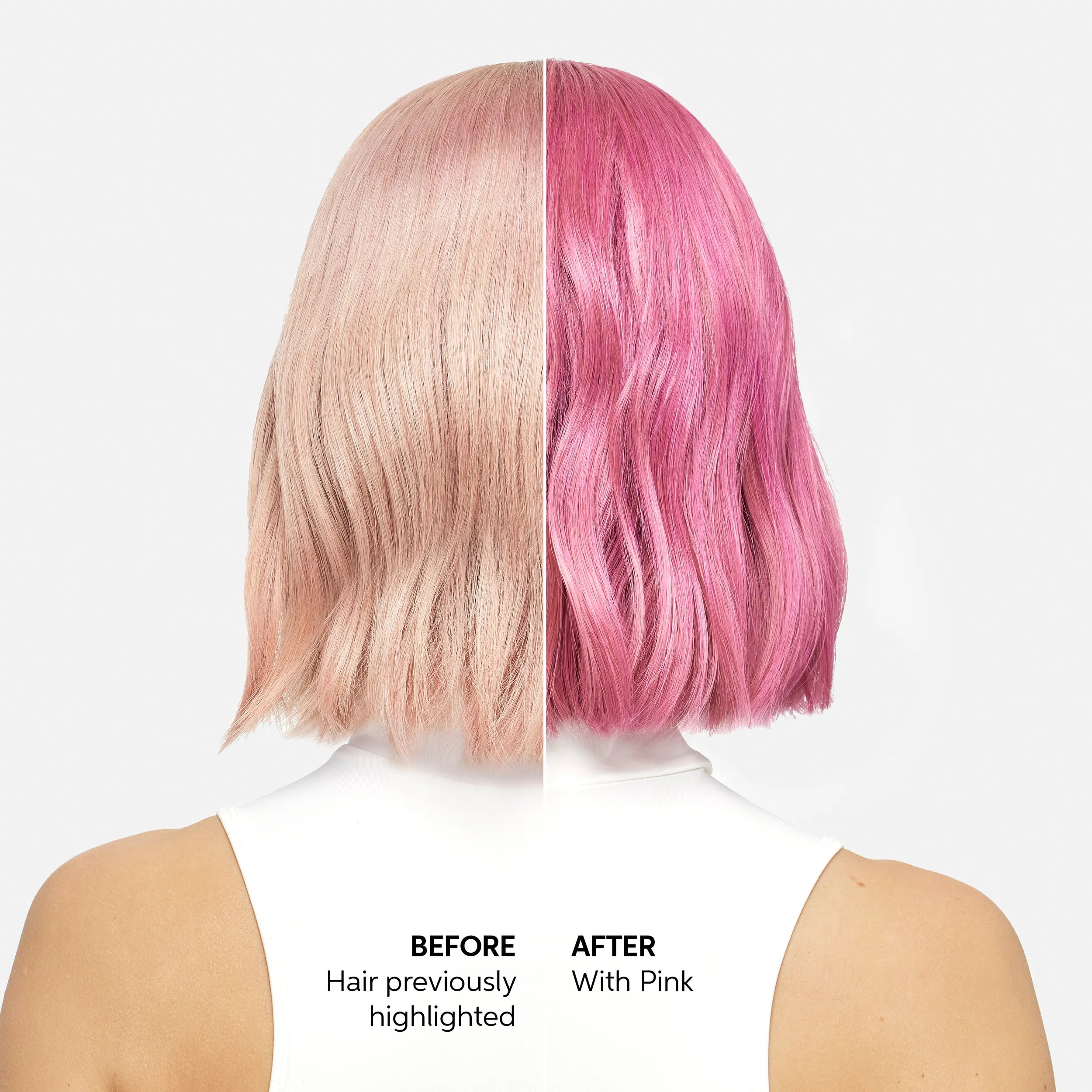 A before-and-after collage of the back of a woman's head, showcasing her short pink hair transformation after applying the Color Fresh Mask.