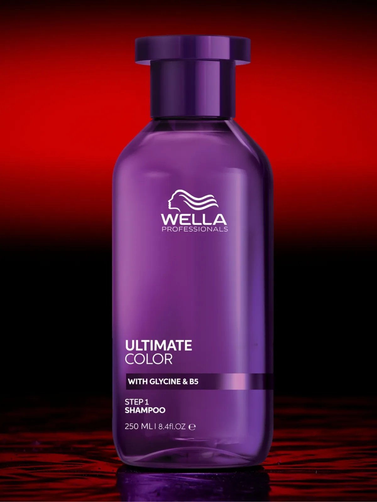 ULTIMATE COLOR Shampoo against a red background. 