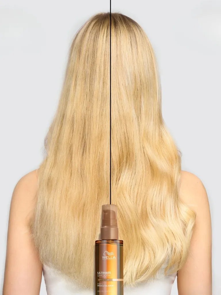 Before and after showing model’s long, blonde hair looking silkier after using ULTIMATE SMOOTH.