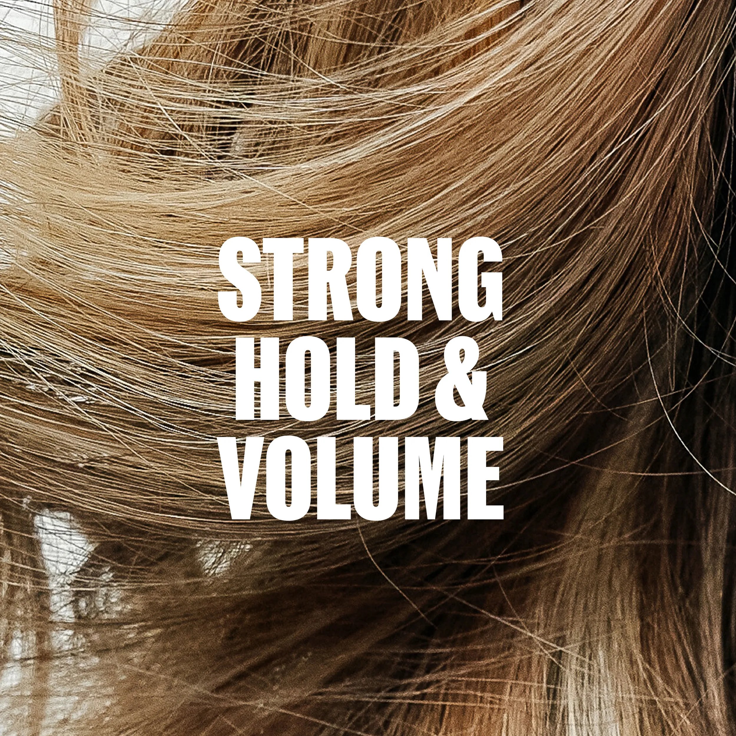 Close-up of blonde, wavy hair with the text "STRONG HOLD AND VOLUME" overlaid in white.