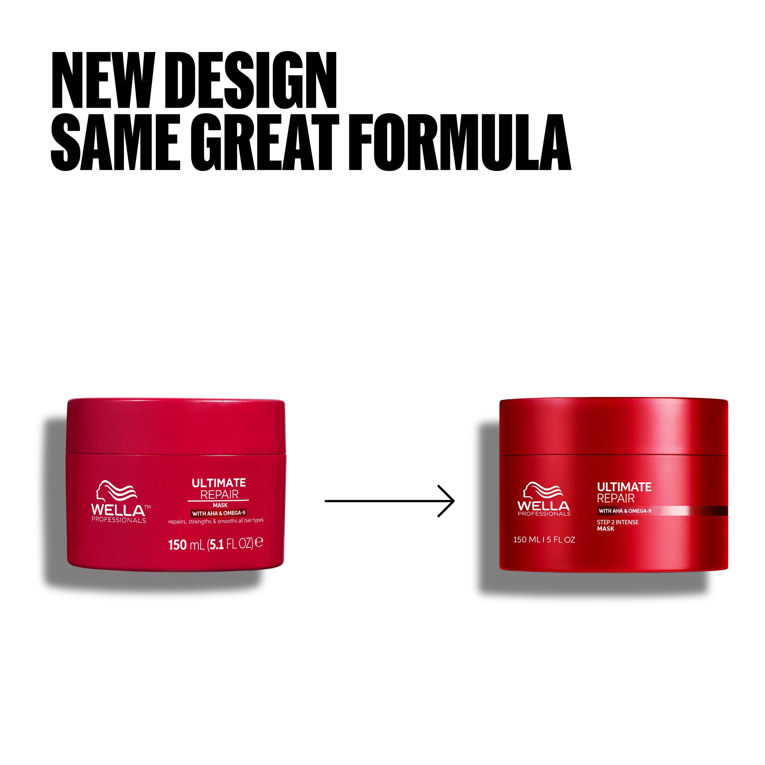 Pack image of Wella Ultimate Repair Mask. Shows old packaging and new packaging. Text reads new design same great formula.