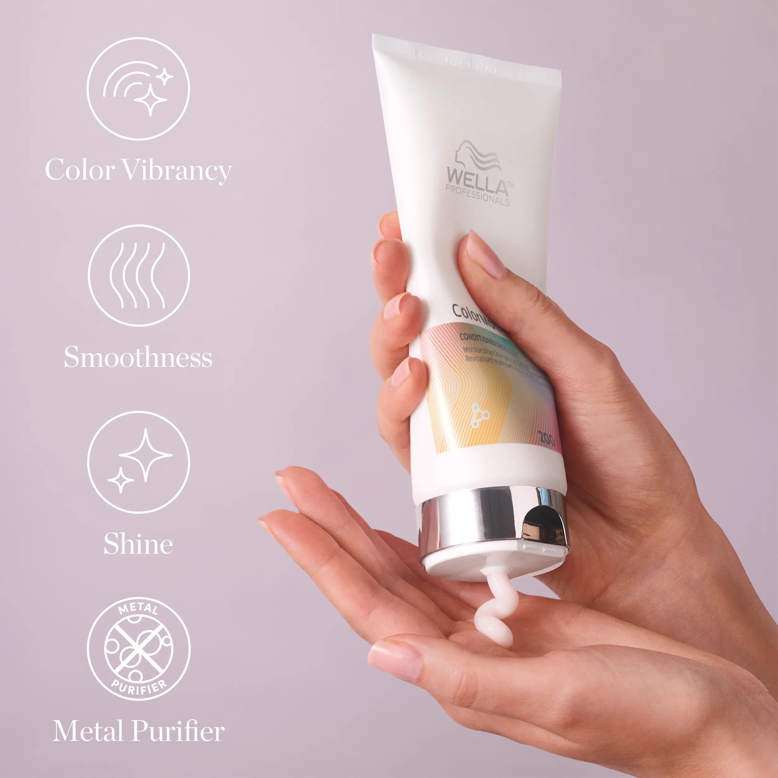 Packshot of a hand holding Wella ColorMotion+ color reflection conditioner beside text saying 'color vibrancy, smoothness, shine and metal purifier'.