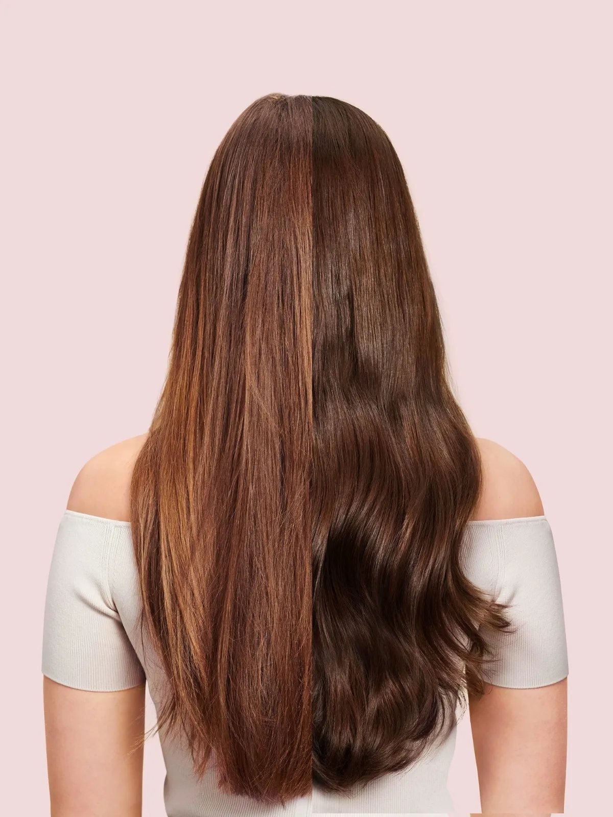 Before and after showing model’s brown hair appearing richer and glossier after a SHINEFINITY Color Glaze.