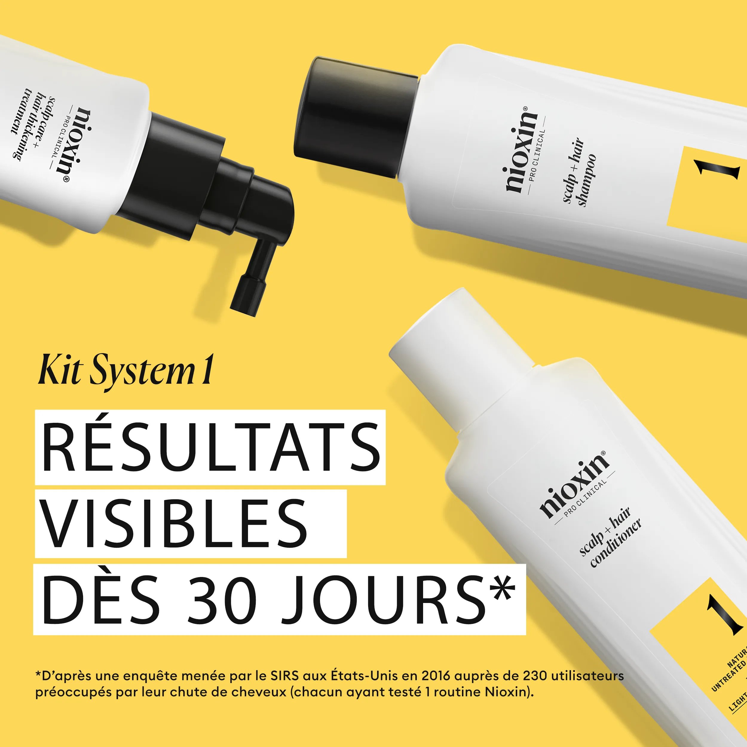 3 soins du Kit System 01 de Nioxin sur fond jaune vif