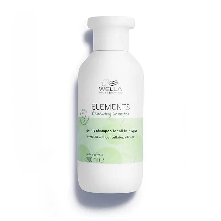 Packshot of Wella Professionals Elements Renewing Shampoo - a white bottle with green font and silver Wella logo.