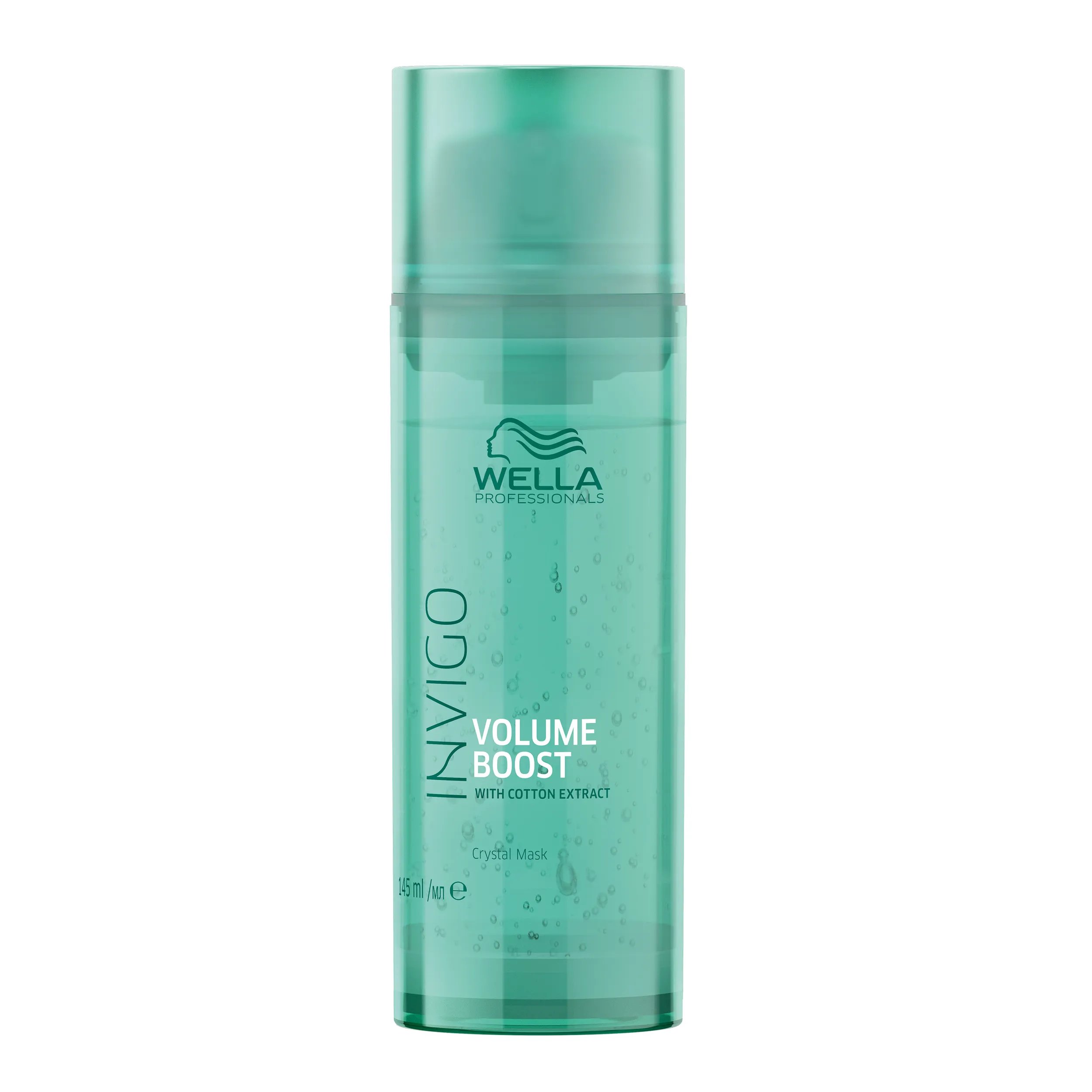 Pack shot of Invigo Volue Boost Crystal Mask green bottle with green Invigo logo