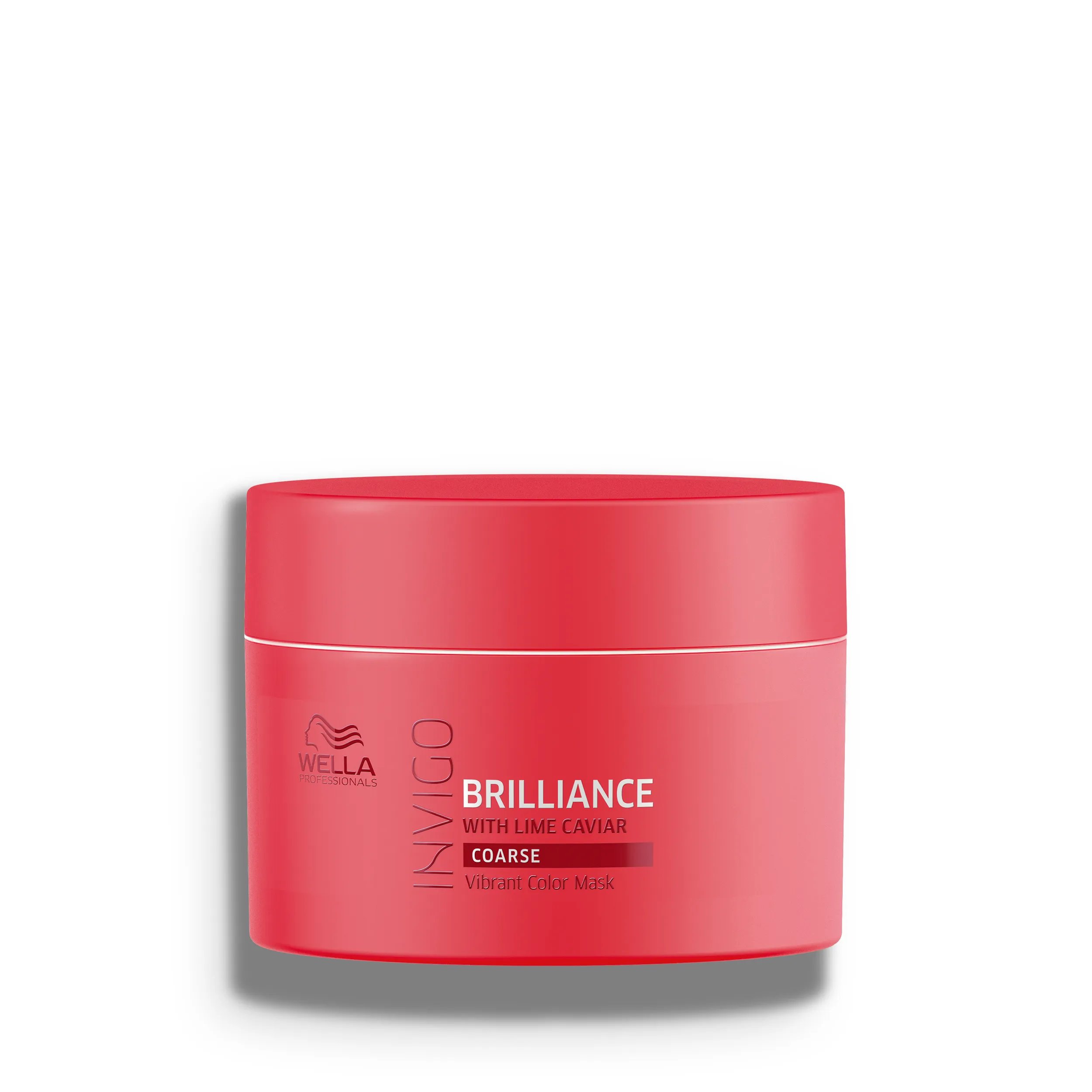 Packshot of Wella Professionals Invigo Brilliance Vibrant Color Mask for coarse hair - a red tub with white font and a darker red Wella logo.