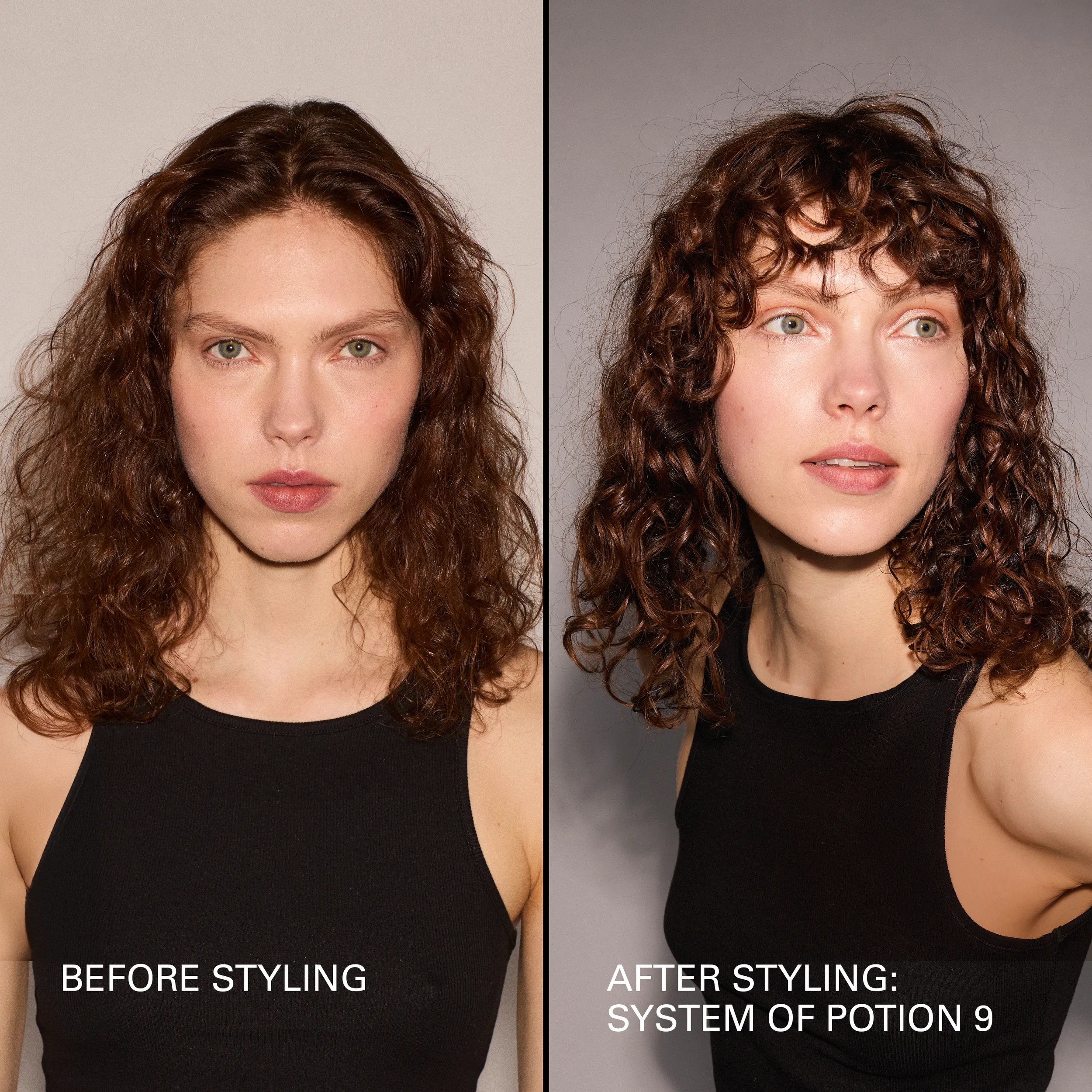 Image avant et après du modèle aux cheveux courts et bouclés. À gauche, les cheveux du mannequin ne sont pas coiffés et à droite, les cheveux du mannequin présentent des boucles clairement définies. 