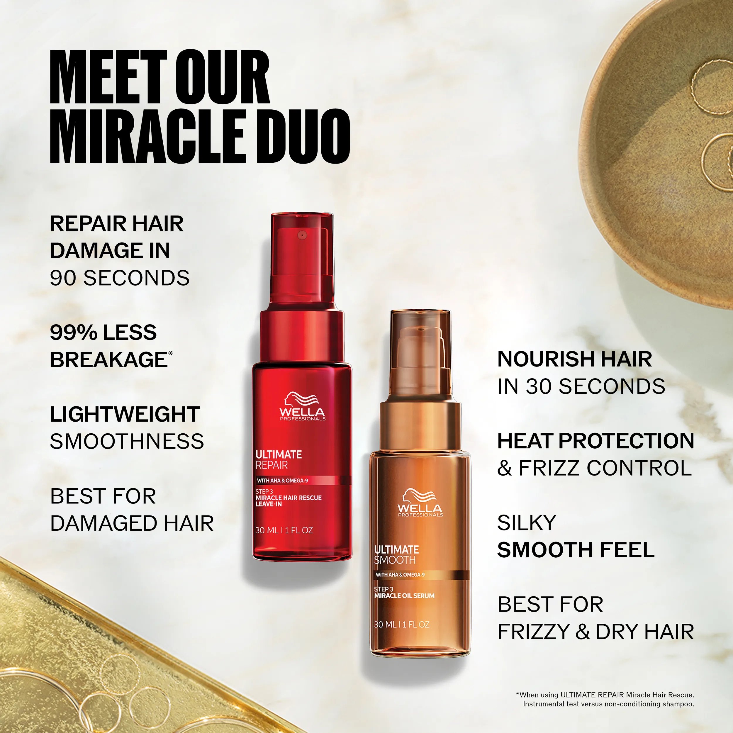 Packshot of Ultimate Repair Leave-in and Ultimate Smooth oil serum. Text reads meet our miracle duo.