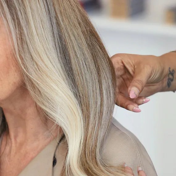 Close-up of long, vanilla blonde hair.