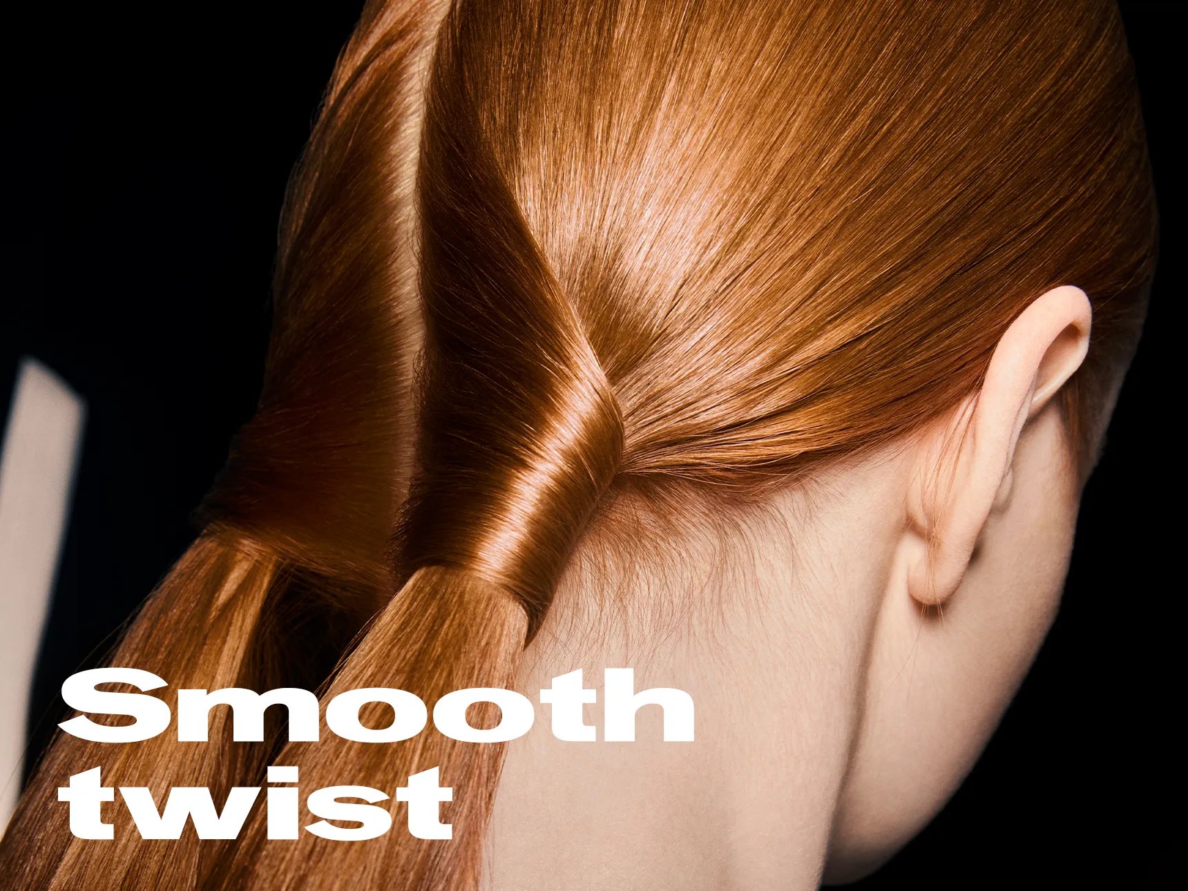 Image of the back of model's head. Their hair is styled in an intricate ponytail. Text overlay reads 'Smooth twist'.
