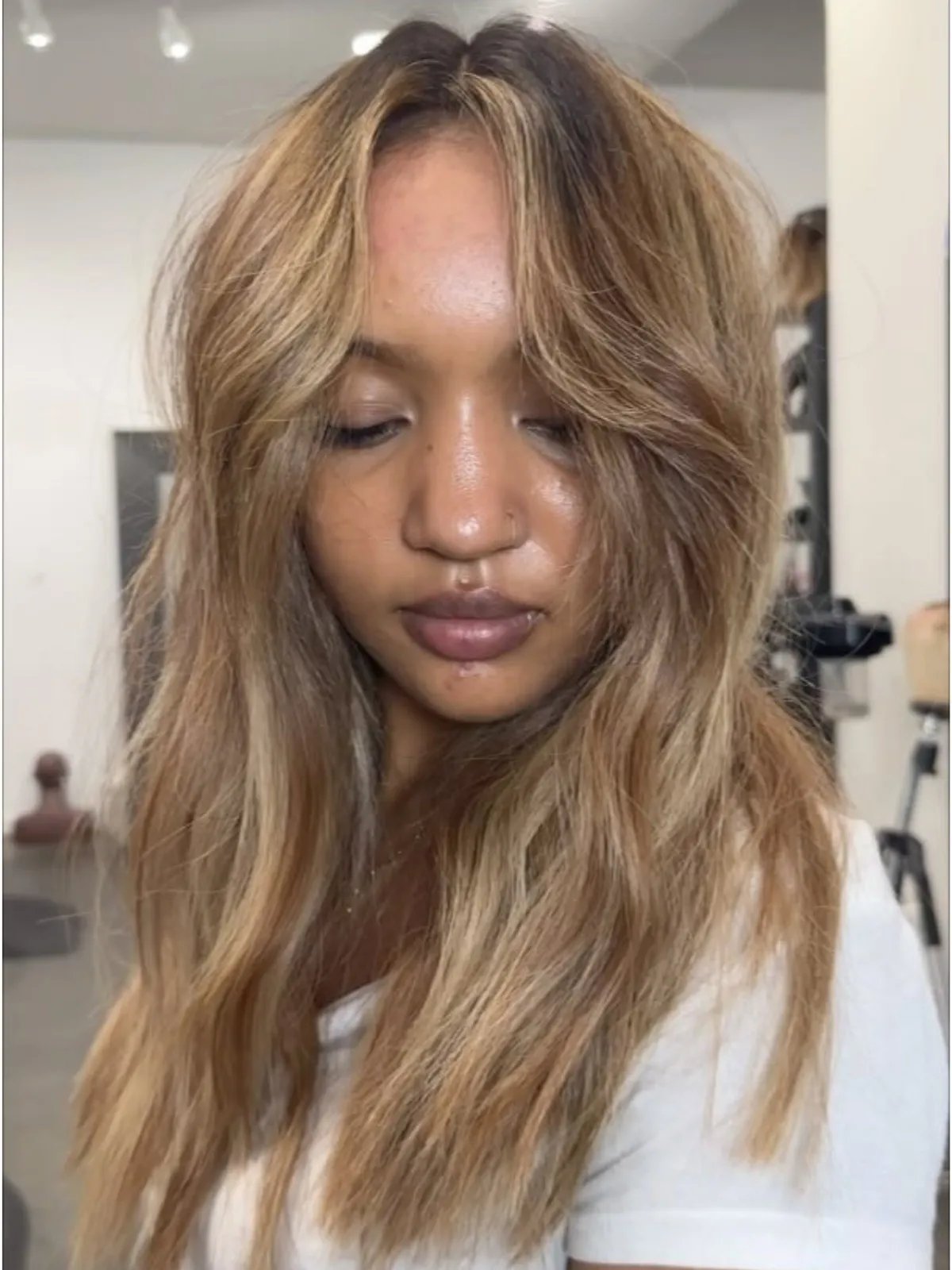 Model with chocolate brown hair color featuring brown-blonde highlights.