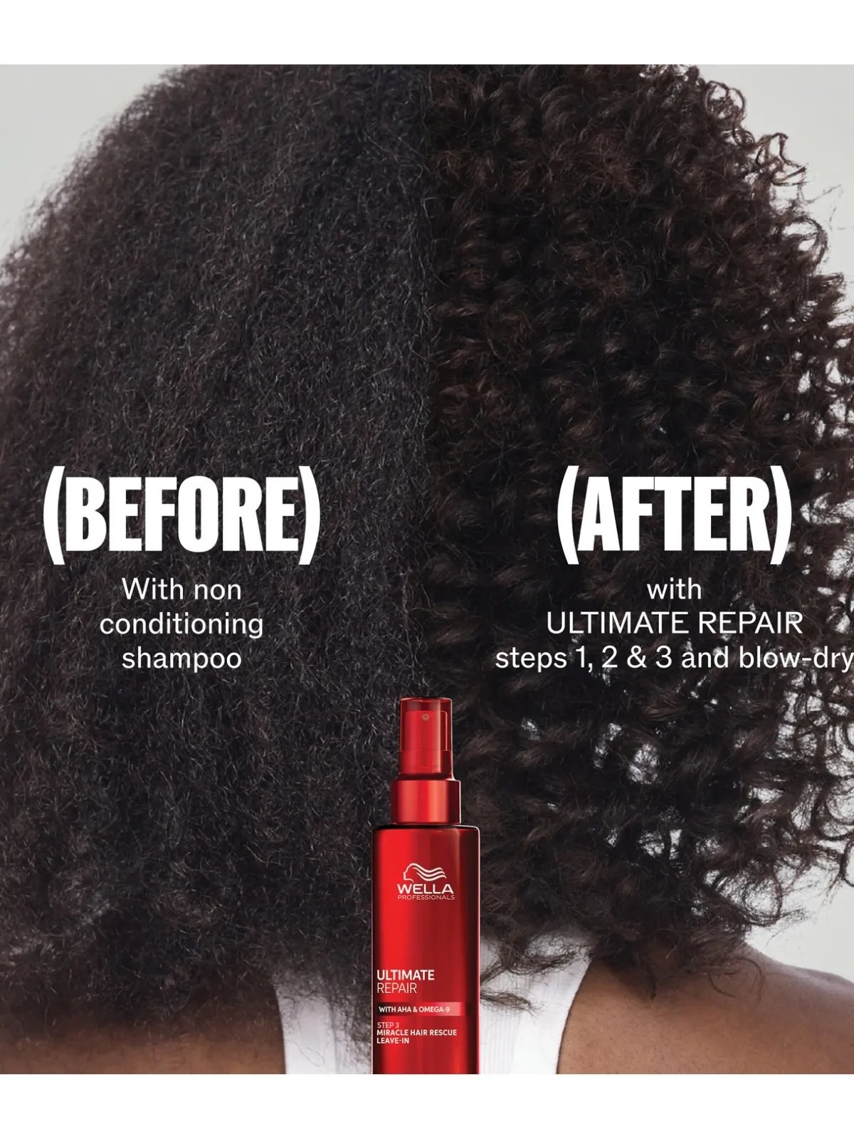 Before and after showing model’s dark, curly hair looking more defined after using ULTIMATE REPAIR.