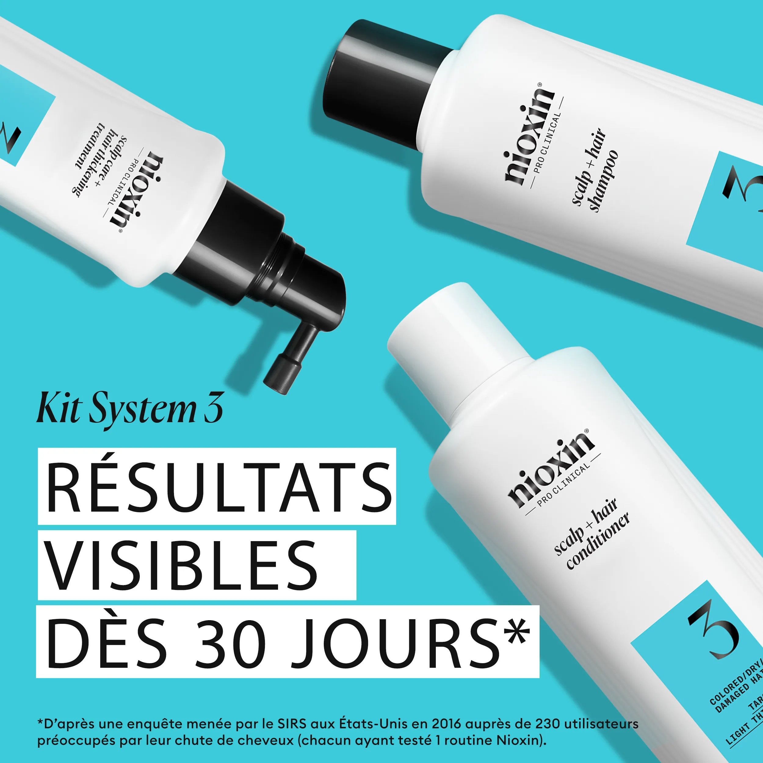 3 soins du Kit System 03 de Nioxin présentés sous forme triangulaire sur fond blanc et bleu