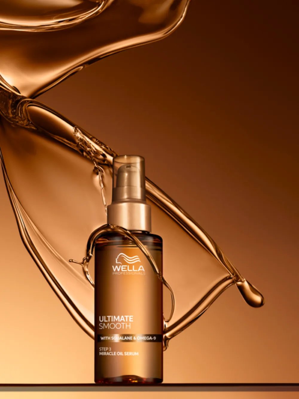 Wella Professionals Ultimate Smooth oil serum bottle in a gold-toned packshot.